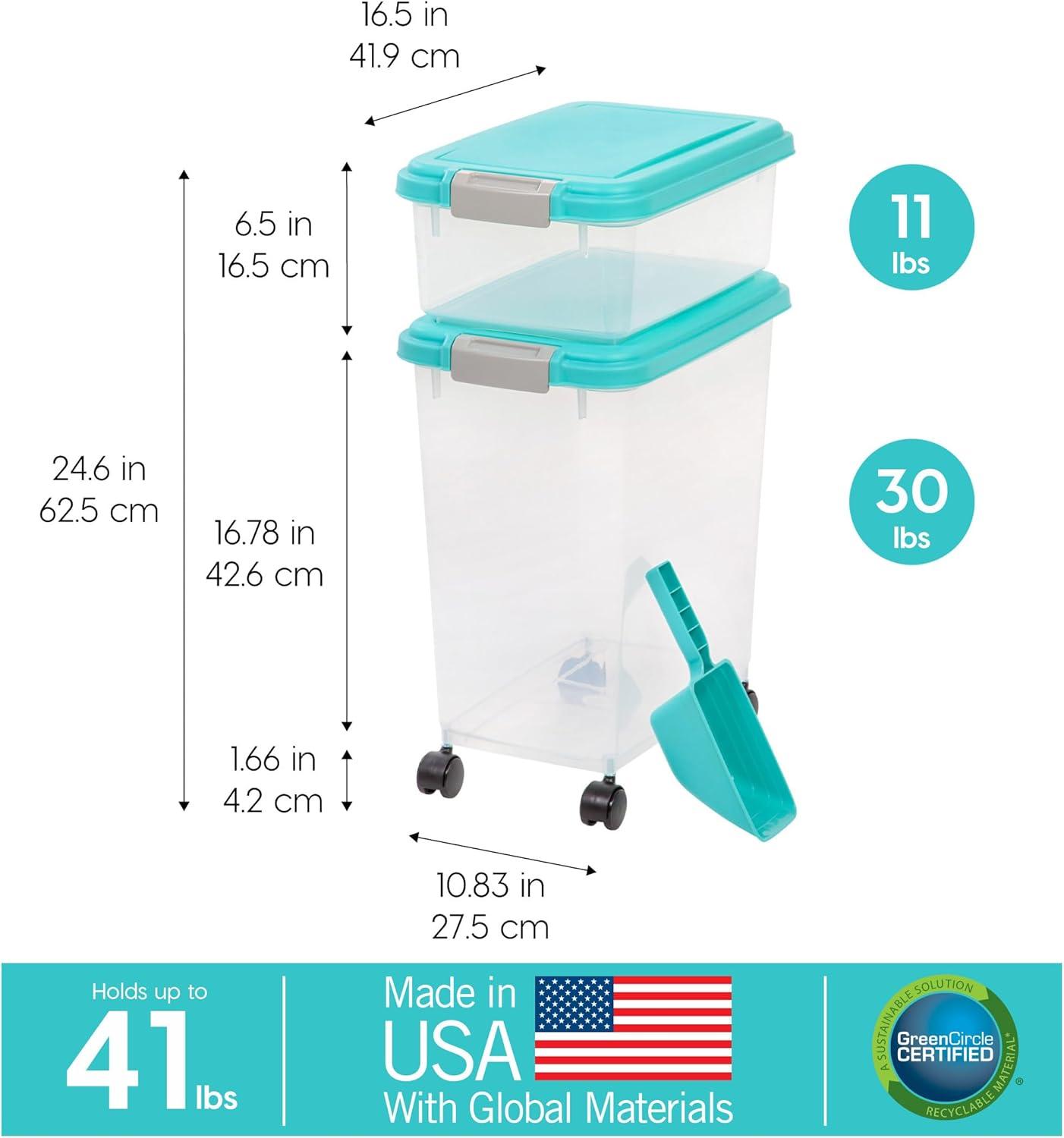 Seafoam Blue Airtight Plastic Pet Food Storage Combo with Scoop