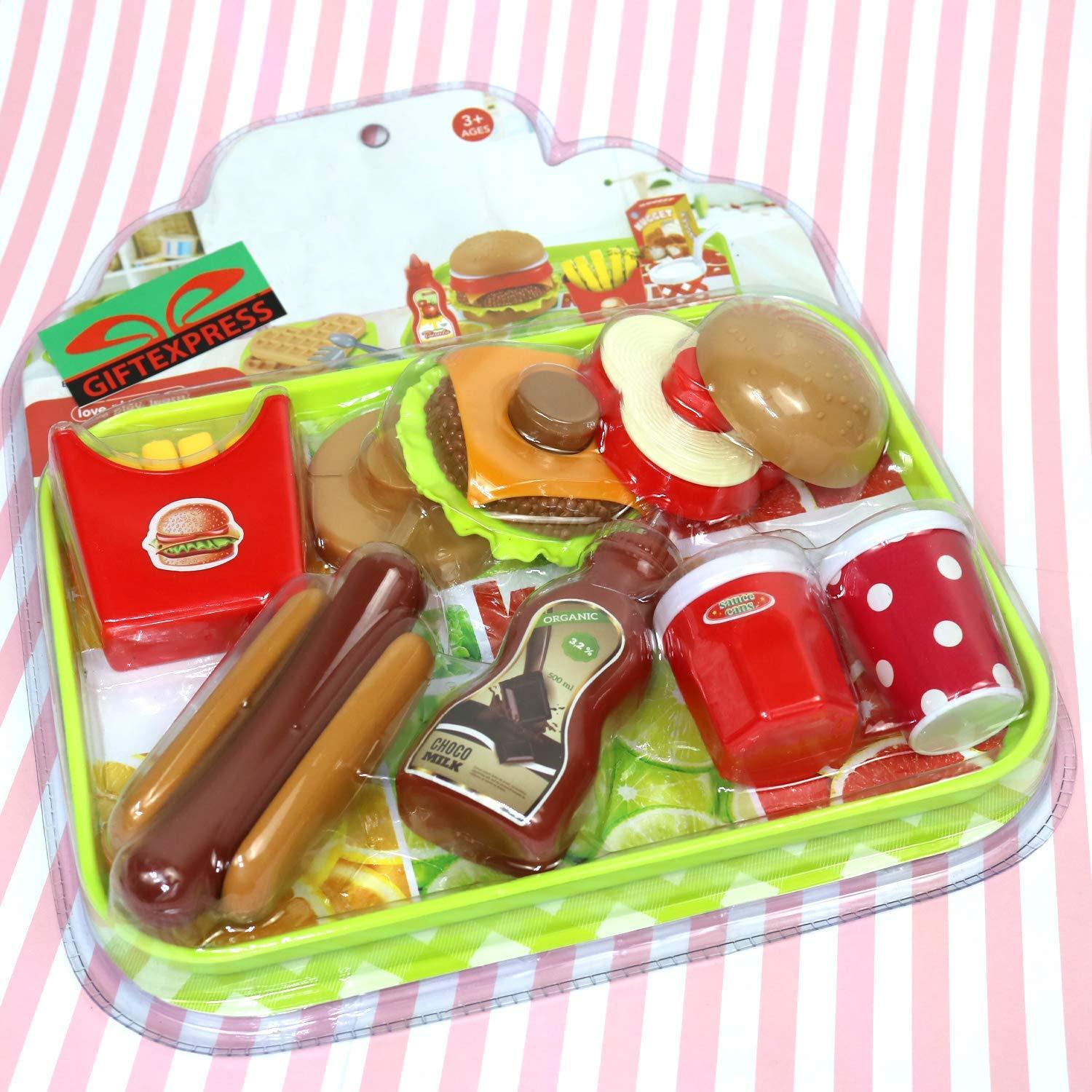 GiftExpress Burger & Chess Fast Food Cooking Play Set for Kids with Hamburger, Fries, Hot Dog, Coke, Ketchup, Milk, Sauce and Tray