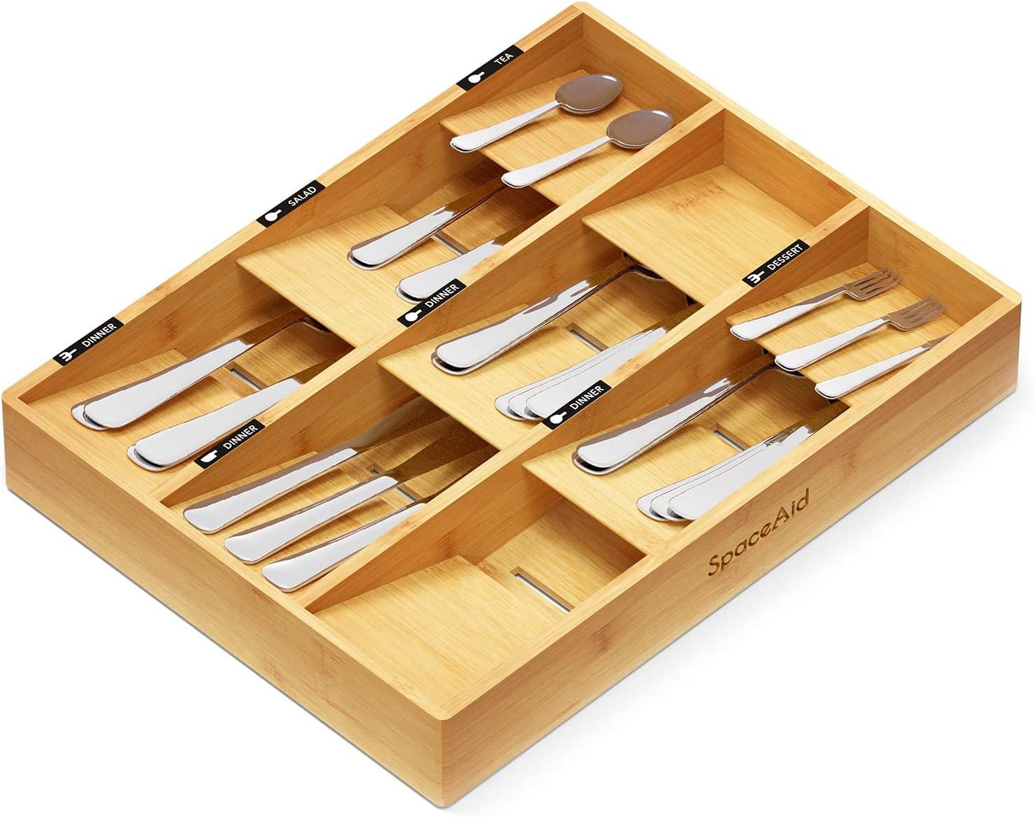 Bamboo Silverware Drawer Organizer with Labels (Natural, 9 Slots)-SpaceAid