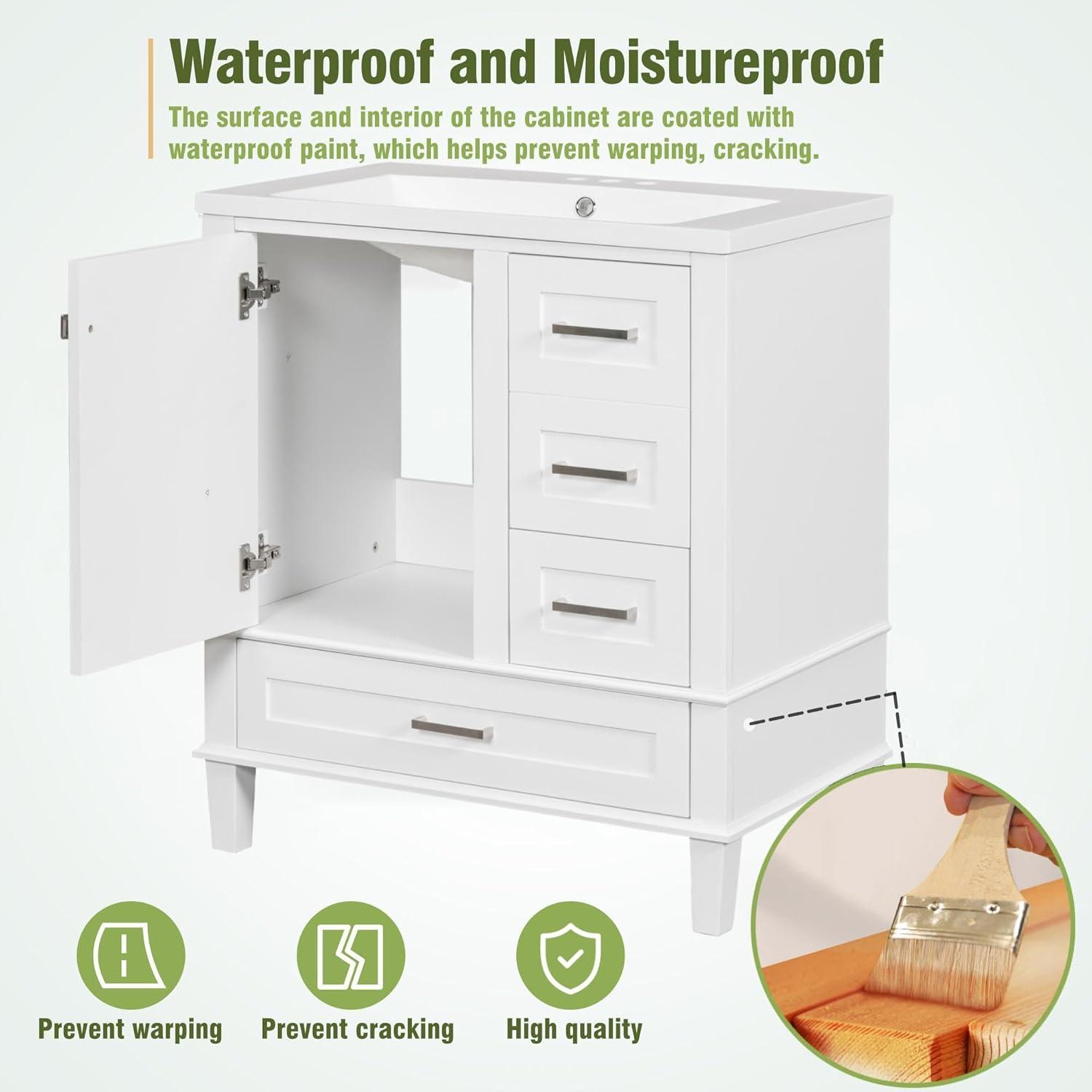 30" Modern Bathroom Vanity with Single Sink Combo Set, Solid Wood Frame Bathroom Storage Cabinet with Soft Closing Door and 3 Drawers, White