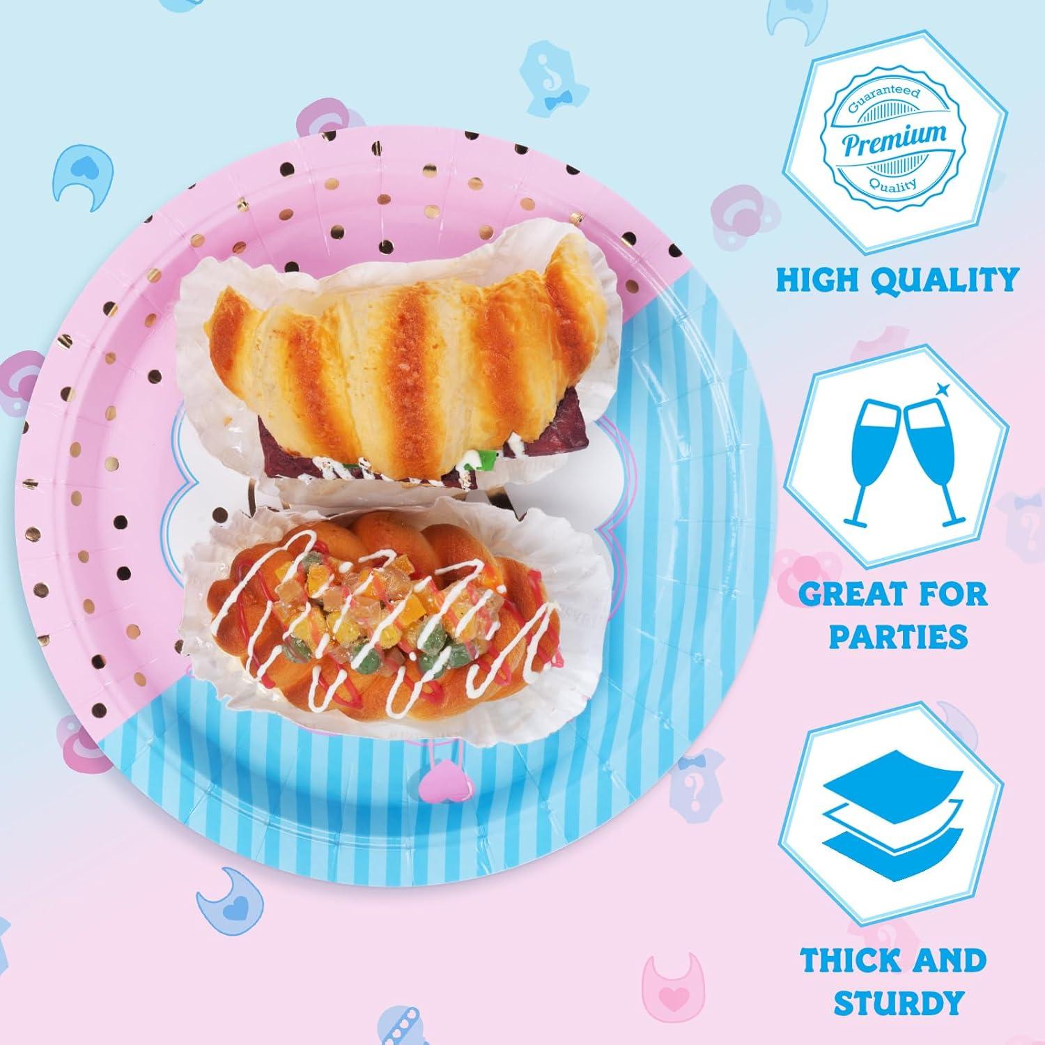 DECORLIFE Gender Reveal AJH3 Plates Serves 24, Boy or Girl Gender Reveal Party Supplies Includes Napkins and Forks for Baby Shower Reveal Party Decorations, Total 96PCS
