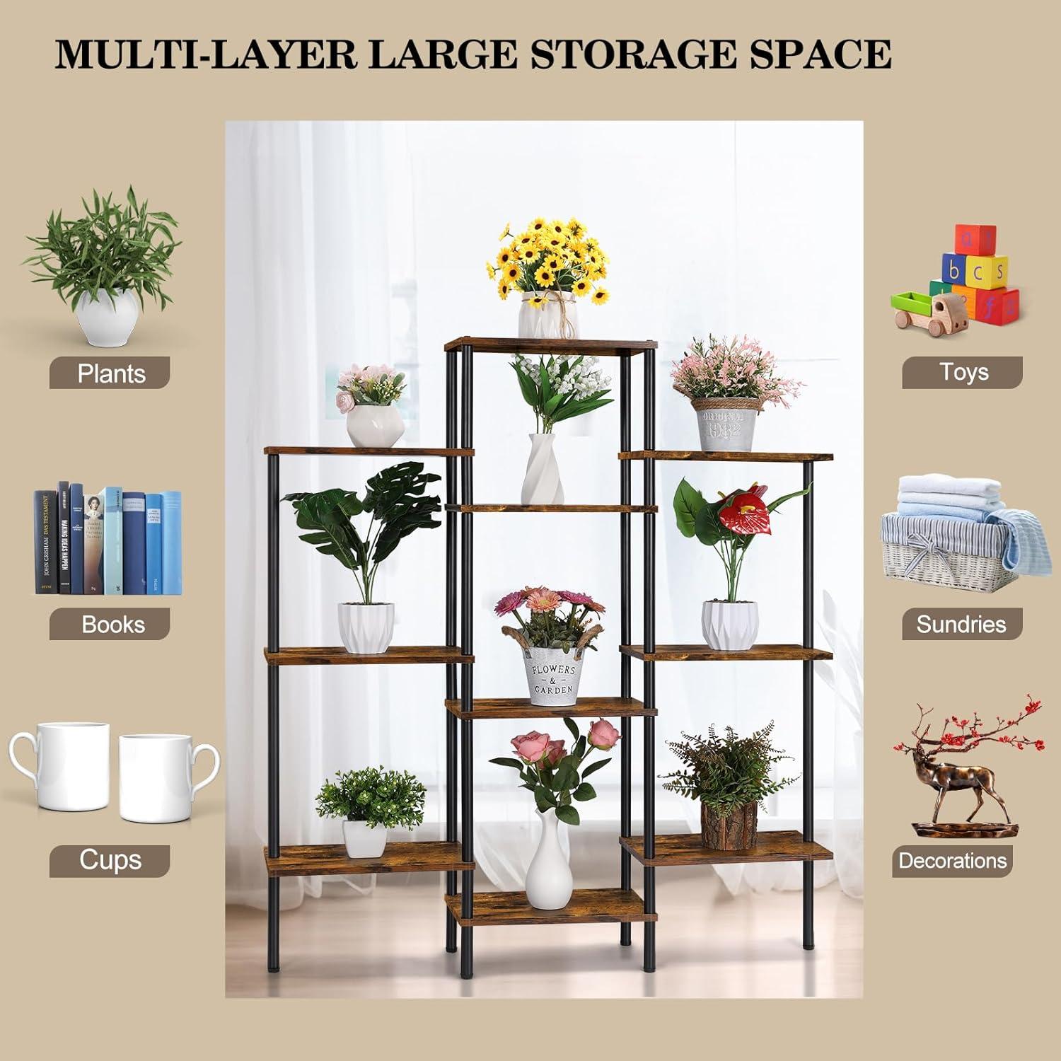 4-Tier Bookshelf,Small Triple Wide Bookcase for Books,CDs,Movies,Display Shelf with 10 Open Shelves for Living Room,Home Office,Balcony,Rustic Brown