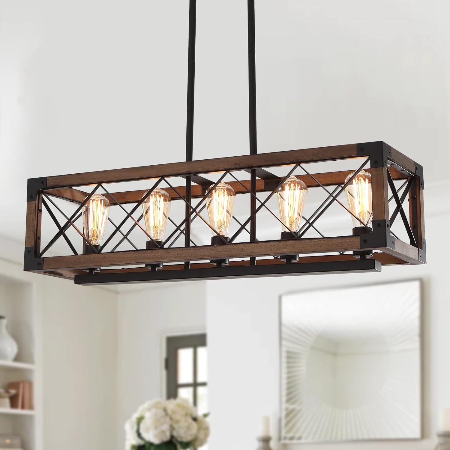 Rustic Black and Brown Wood Cage 5-Light Chandelier