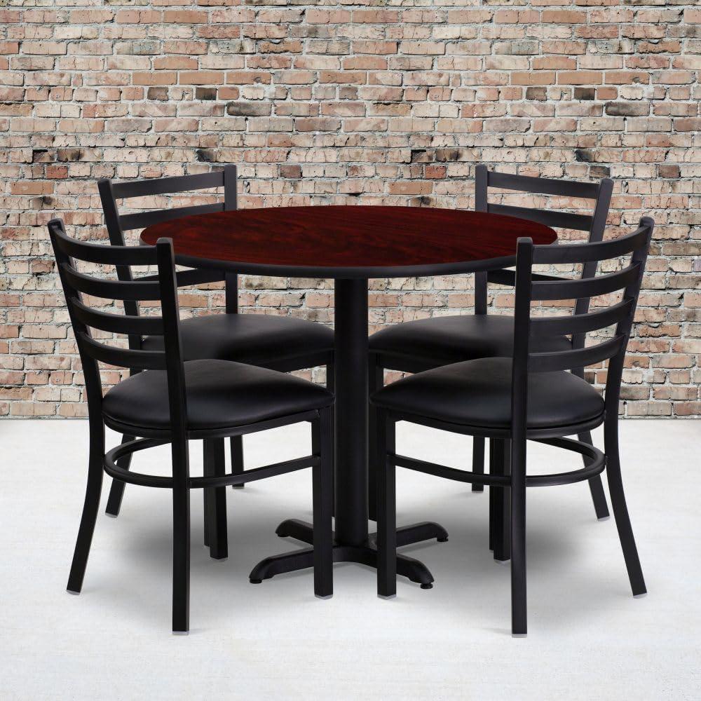 Flash Furniture 36'' Round Mahogany Laminate Table Set with X-Base and 4 Ladder Back Metal Chairs - Black Vinyl Seat