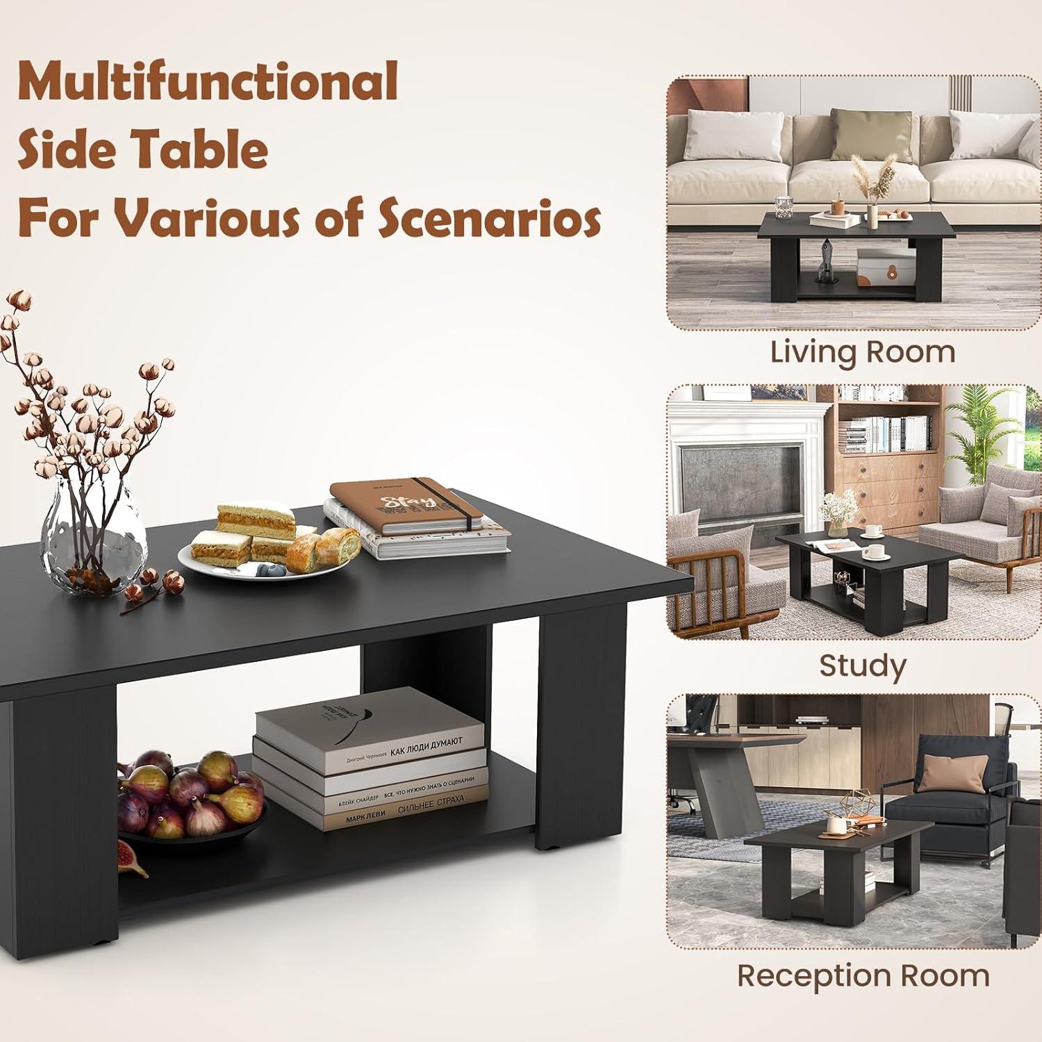 BuySphere Rectangle Wood Center Table, 41" L 2-Tier Large Modern Tea Table w/Open Compartment, Easy Assembly, Accent Coffee Table for Living Room, Reception Room, Black