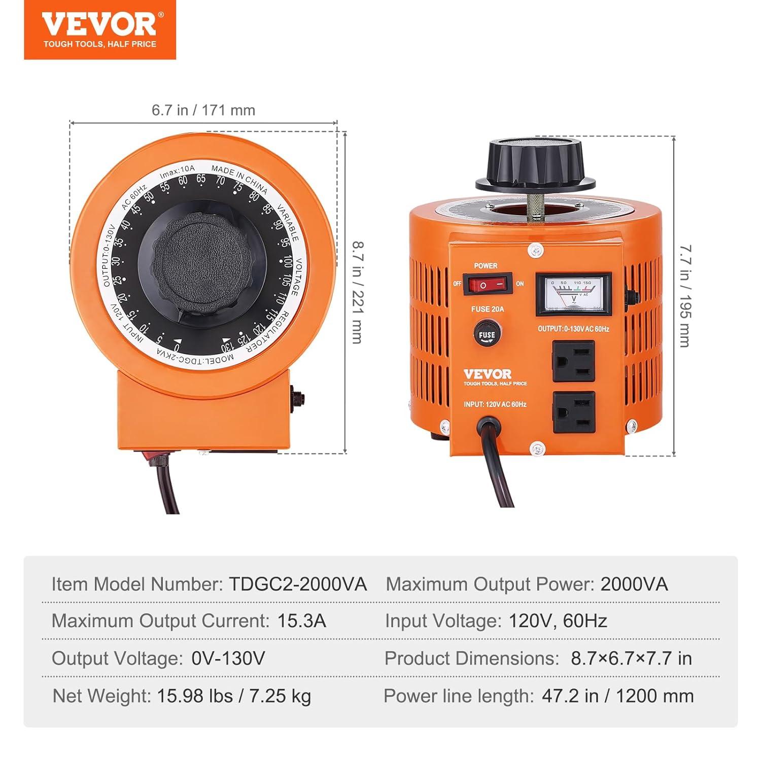 VEVOR VEVOR 500VA Auto Variable Voltage Transformer, 15.3 Amp, 110V Input 0-130V Output AC Voltag KBBYQZZBS5002NBX7V1