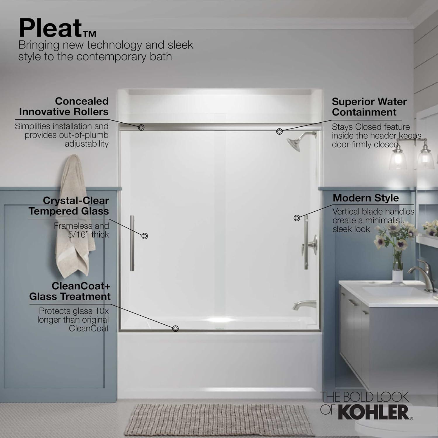 Pleat® 63-9/16"H Frameless Sliding Bath Door with 5/16"-Thick Crystal Clear Tempered Glass