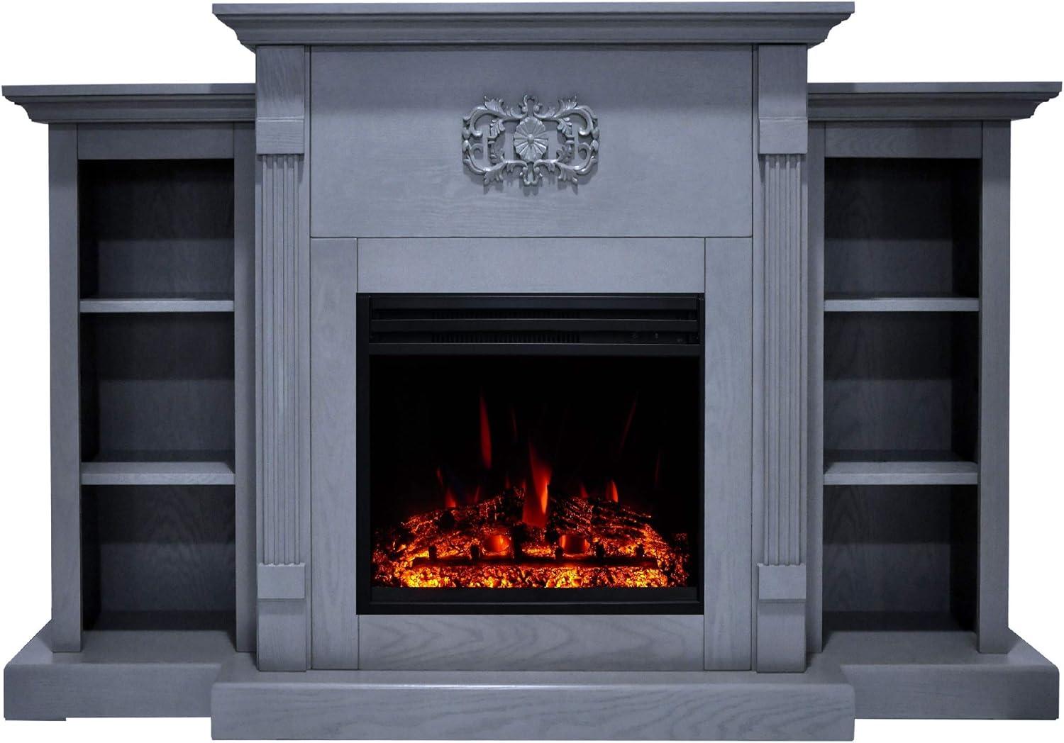 Sanoma 72'' Slate Blue Electric Fireplace with Charred Log Insert and Bookshelves