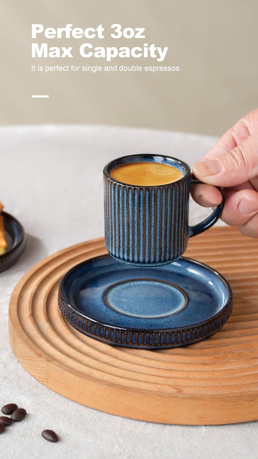 Espresso Cups and Saucers Set of 4, [ Mini ] 3 oz Ceramic Small Coffee Mug with Handle, Ribbed Stoneware Demitasse Cup for Tea, Latte - Microwave & Dishwasher Safe - Nebulas Blue