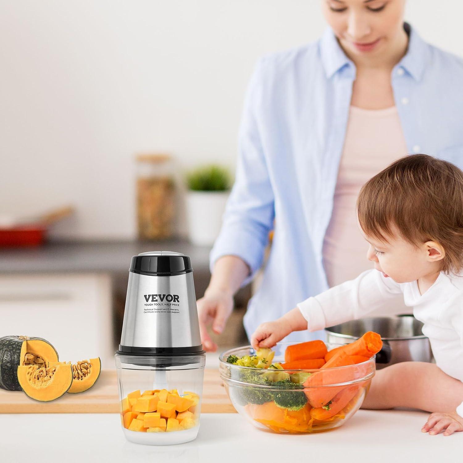 VEVOR Silver 2-Speed Stainless Steel Mini Food Processor