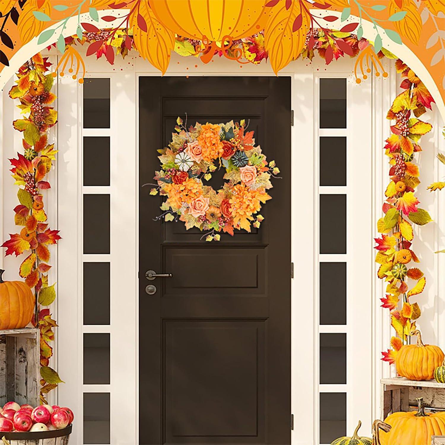 Fall Wreath 20’’ Autumn Front Door Wreath Harvest Wreath with Sunflower Pumpkins Berries Maple Leaves Daisies for Outside Indoor Home Wall Festival Thanksgiving Autumn Farmhouse Decor