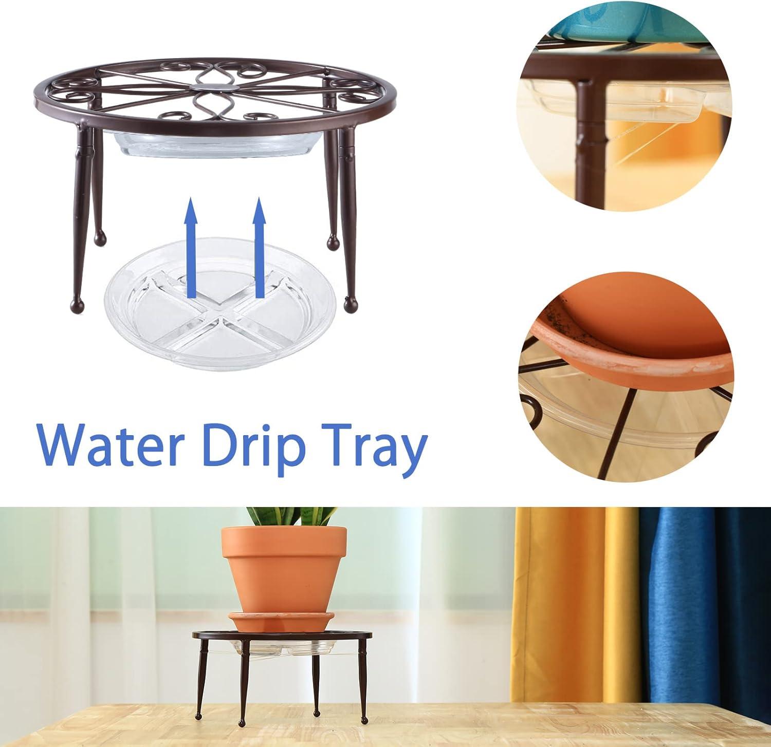 3 Pack 9 inches Metal Plant Stands with Saucer for Indoor and Outdoor Plants Heavy Duty Potted Heavy Duty Flower Pot Stand Holder Rustproof Iron Round Plant Shelf for Garden, Brown