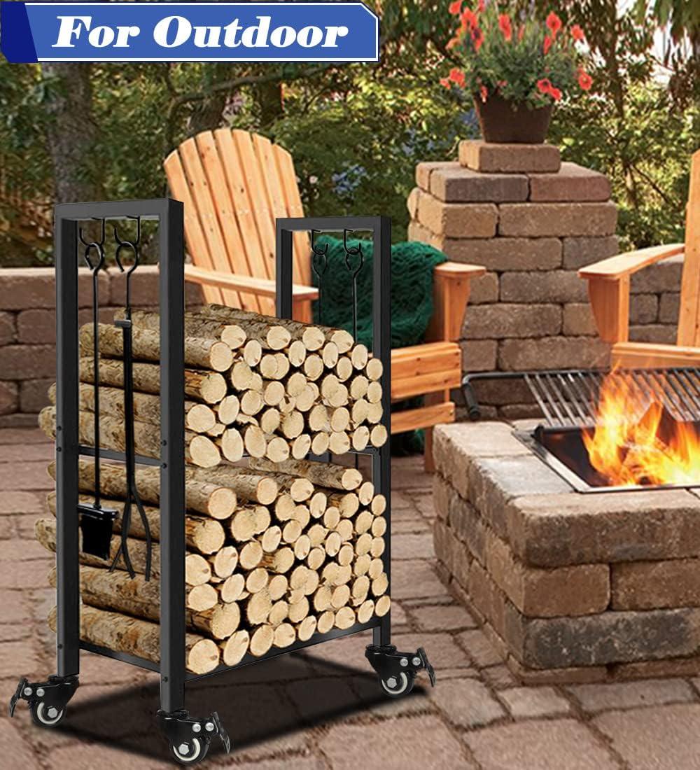 Black Iron 2-Tier Firewood Storage Rack with Wheels