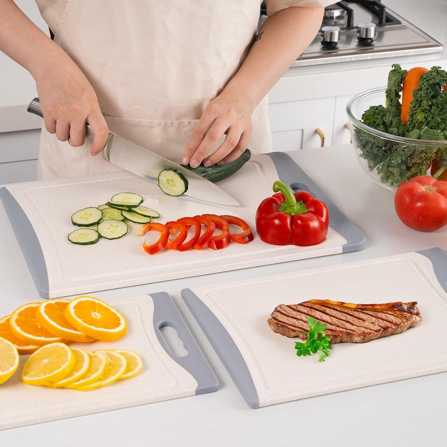 Beige 3-Piece Plastic Cutting Board Set with Juice Grooves