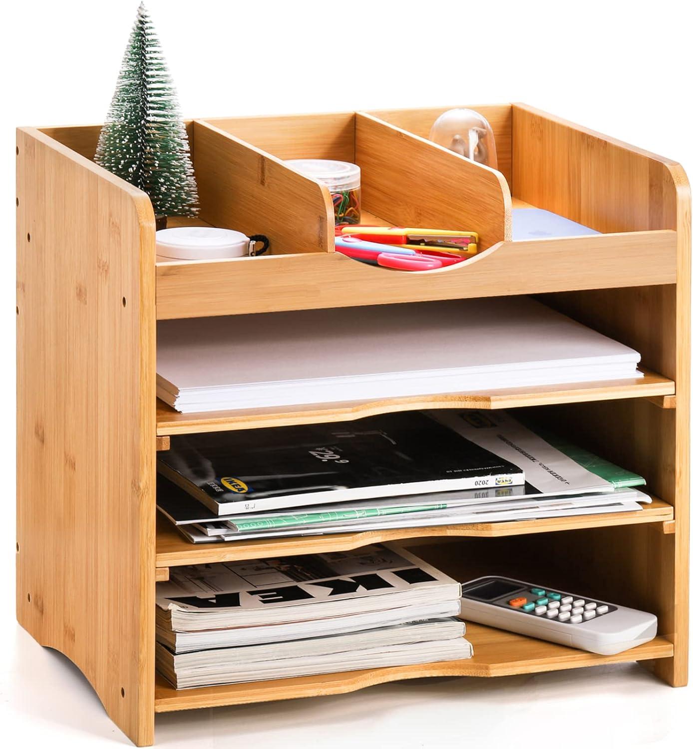 Hokku Designs Bamboo Desk File Organizer,Document Letter Tray Sorter With 2 Adjustable Shelves, 4 Tier Mail Organizer Countertop
