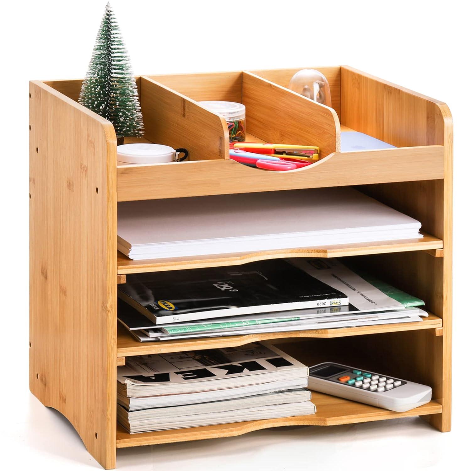 Hokku Designs Bamboo Desk File Organizer,Document Letter Tray Sorter With 2 Adjustable Shelves, 4 Tier Mail Organizer Countertop
