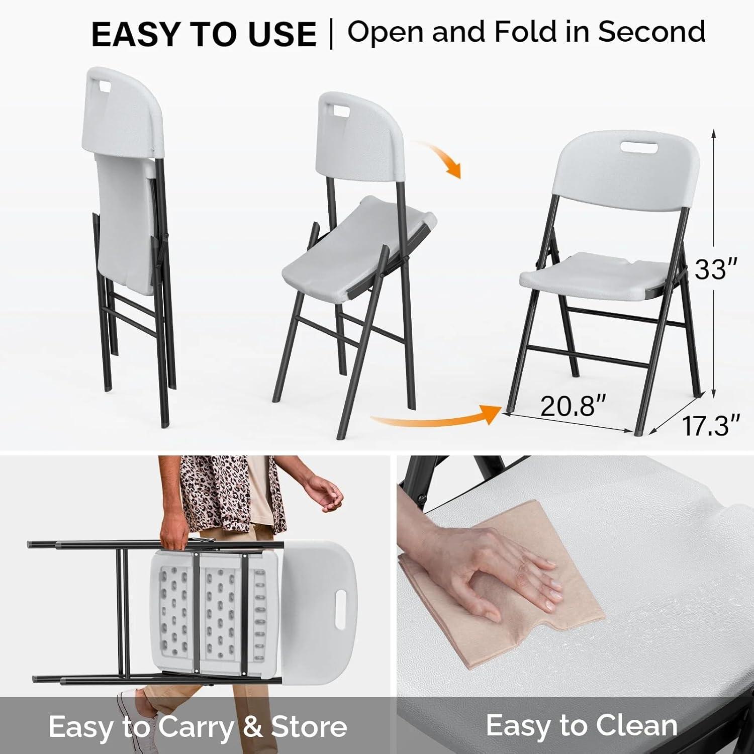 Hassch Plastic Folding Chairs Set of 4, Indoor Outdoor Stackable Chairs with White Seat & Back, Black Steel Frame, Used for Party, Garden, Patio, Dining, Wedding, Camping