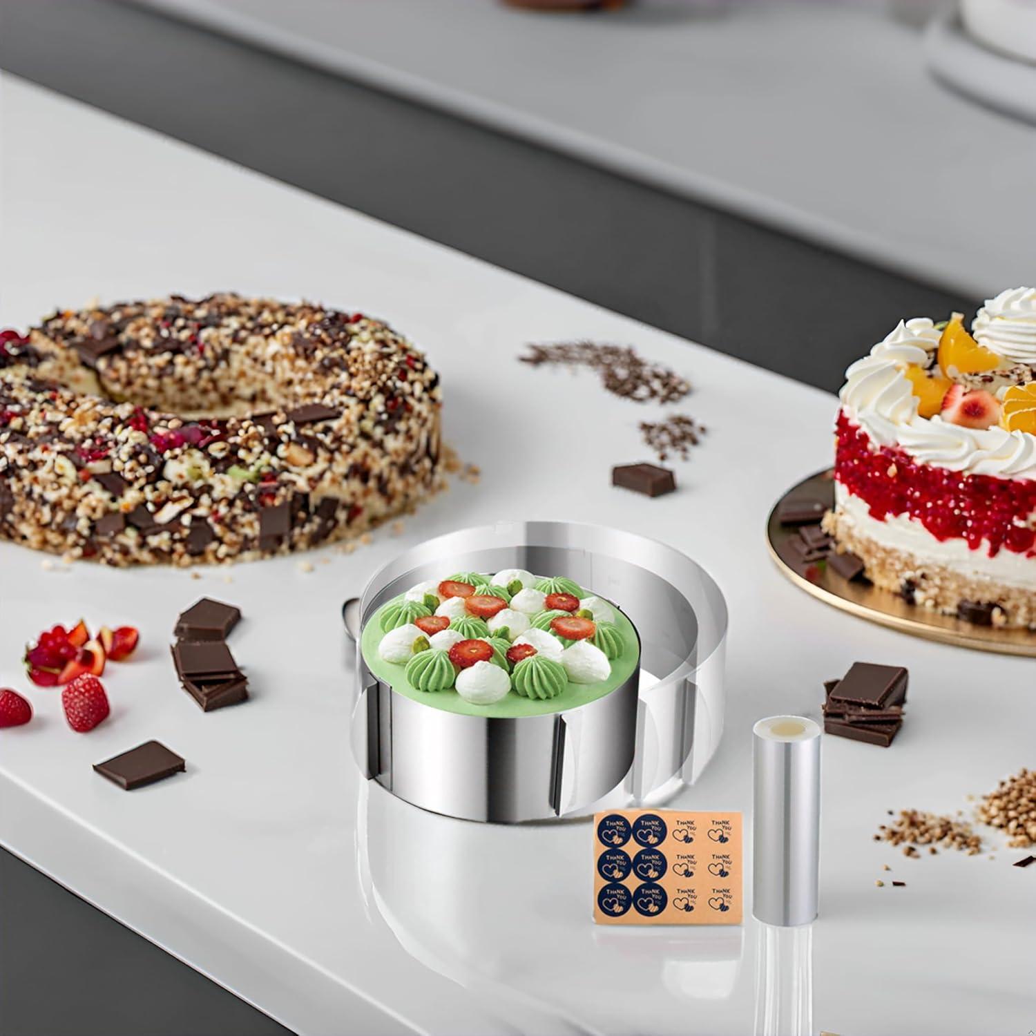 Cake Rings Mousse Mold Acetate Cake Collar Set - Adjustable 6 to12 Inches Stainless Steel Baking Rings Round Cake Molds with 5.5 x 394 Inch Clear Cake Acetate Sheet Rolls for Baking Pastry, Cake Decor