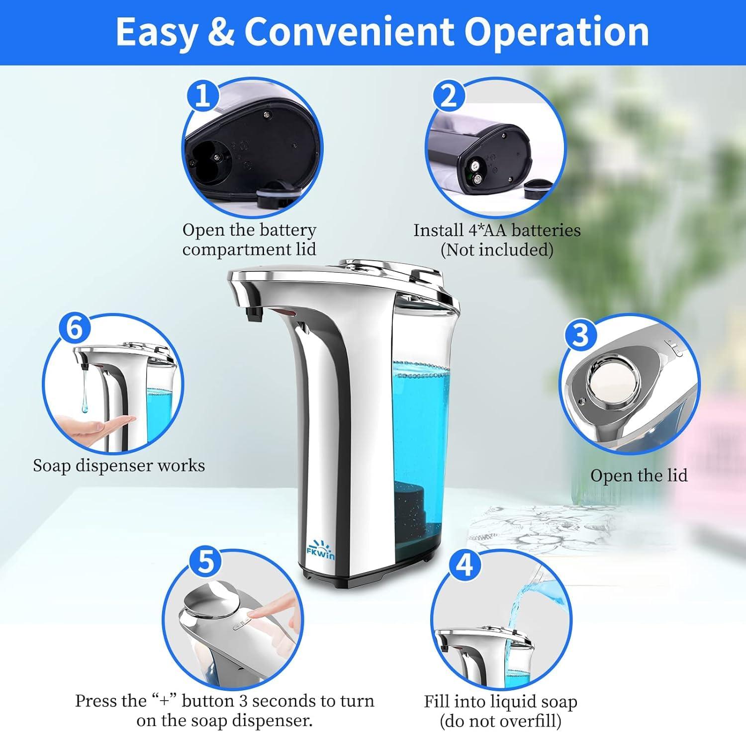 FKWin Automatic Soap Dispenser, Touchless Hand Soap Dispensers 17oz/500ml with 5 Adjustable Soap Levels, Kitchen Soap Dispensers, Liquid Hand Soap Dispenser Bathroom, Silver