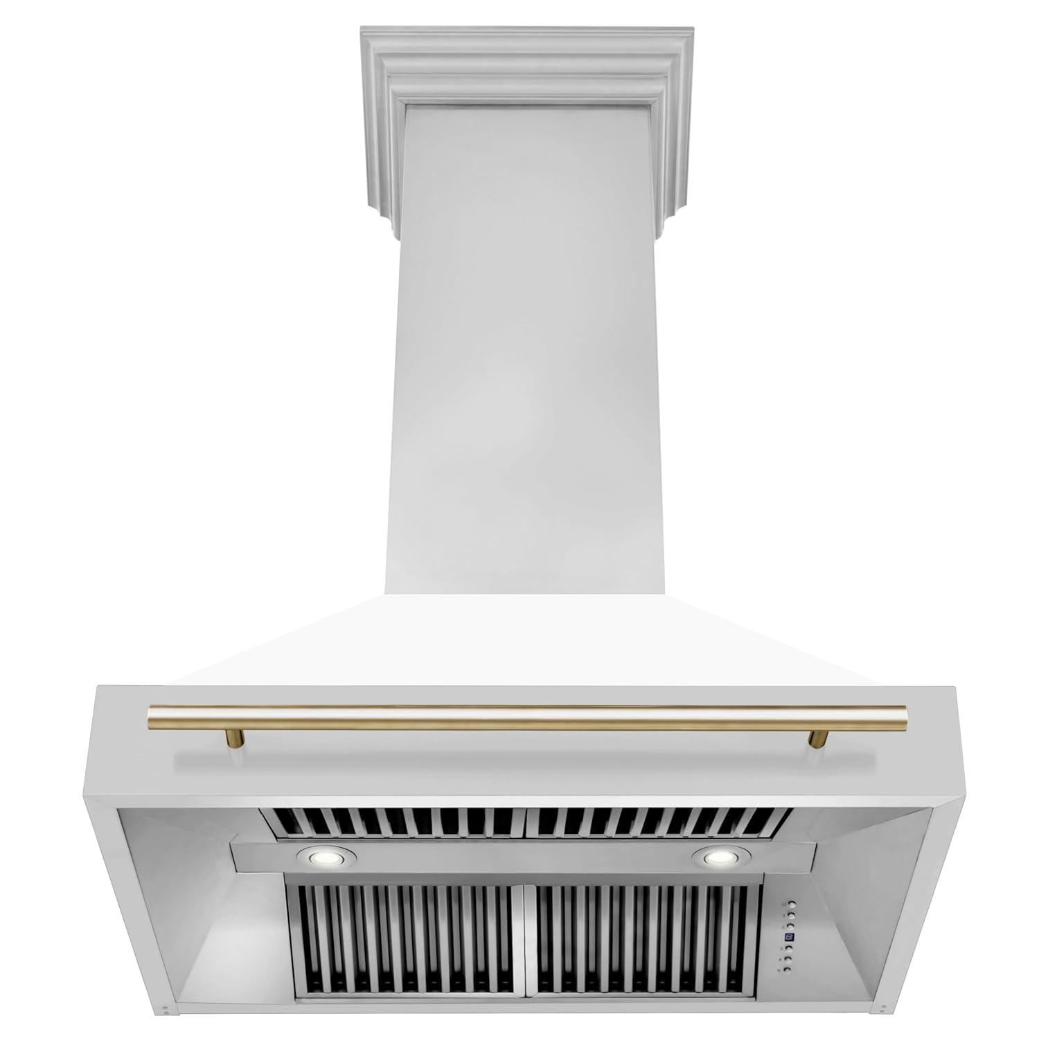 ZLINE Autograph Edition 36 in. Stainless Steel Range Hood W/ White Matte Shell & Champagne Bronze Handle
