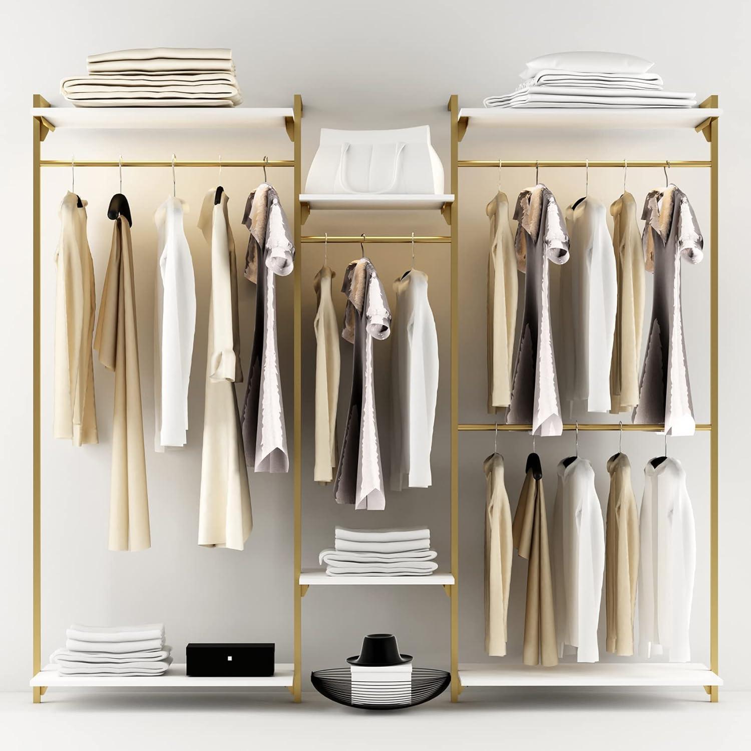 Rebrilliant Oloran Gold Wall Mount Clothes Rack with 4 Hanging Rods, Clothing Rack with 6-Tier Adjustable Shelves