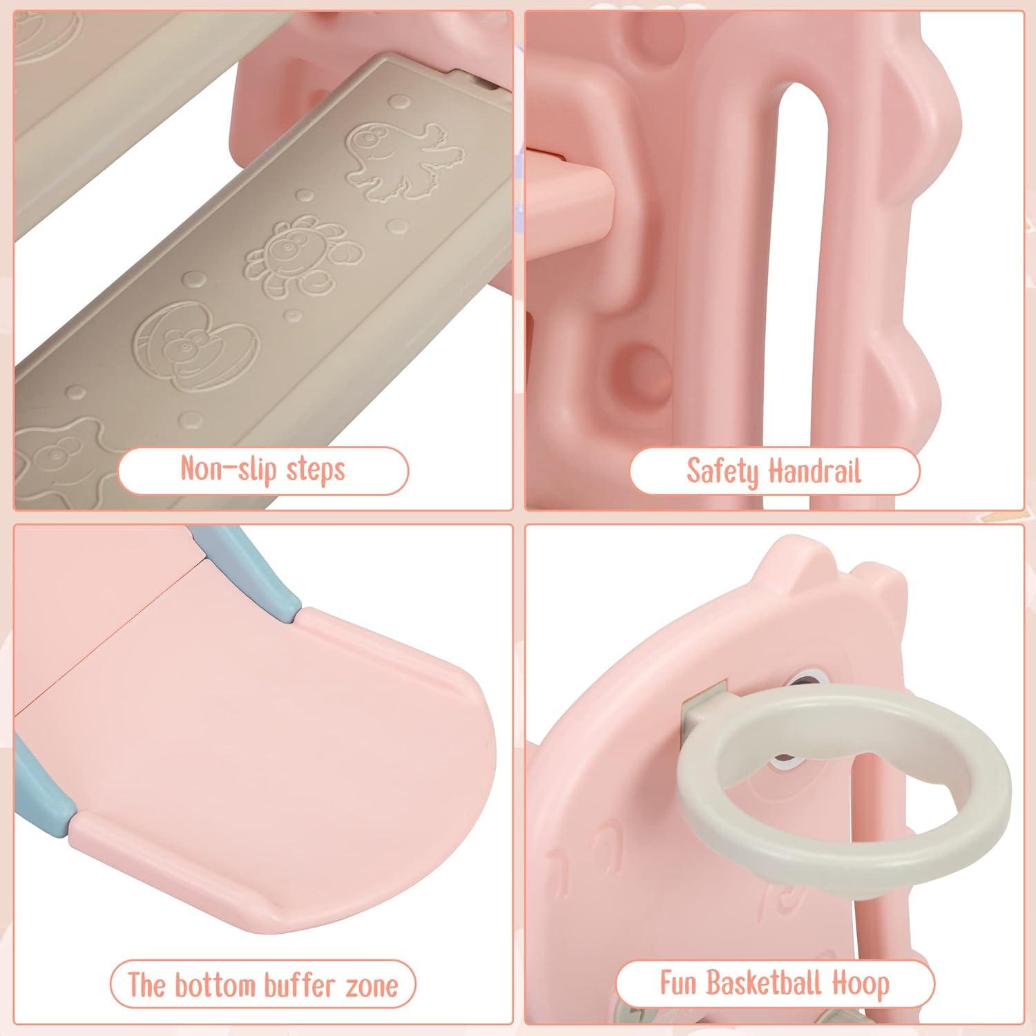 Nyeekoy 3 in 1 Foldable Toddler Large Slide w/ Climbing Ladder, Basketball Hoop, Indoor Outdoor Freestanding Playground for Kids