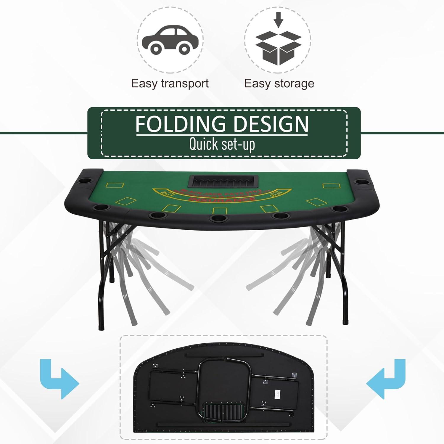 Soozier 72" Foldable 7-Player Poker Blackjack Table with Chip & Cup Holder, Green Felt