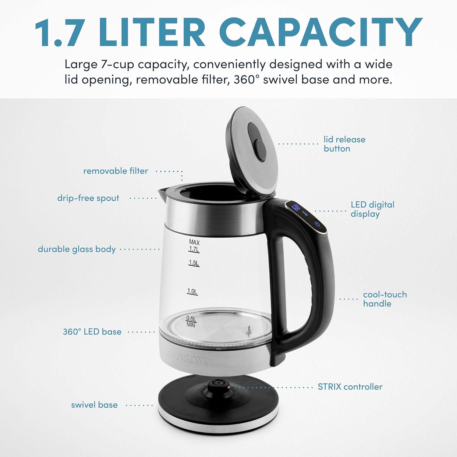 Aroma 1.7L Digital Programmable Kettle with Illumination: Borosilicate Glass, Automatic Shut-Off, Water Level Viewer