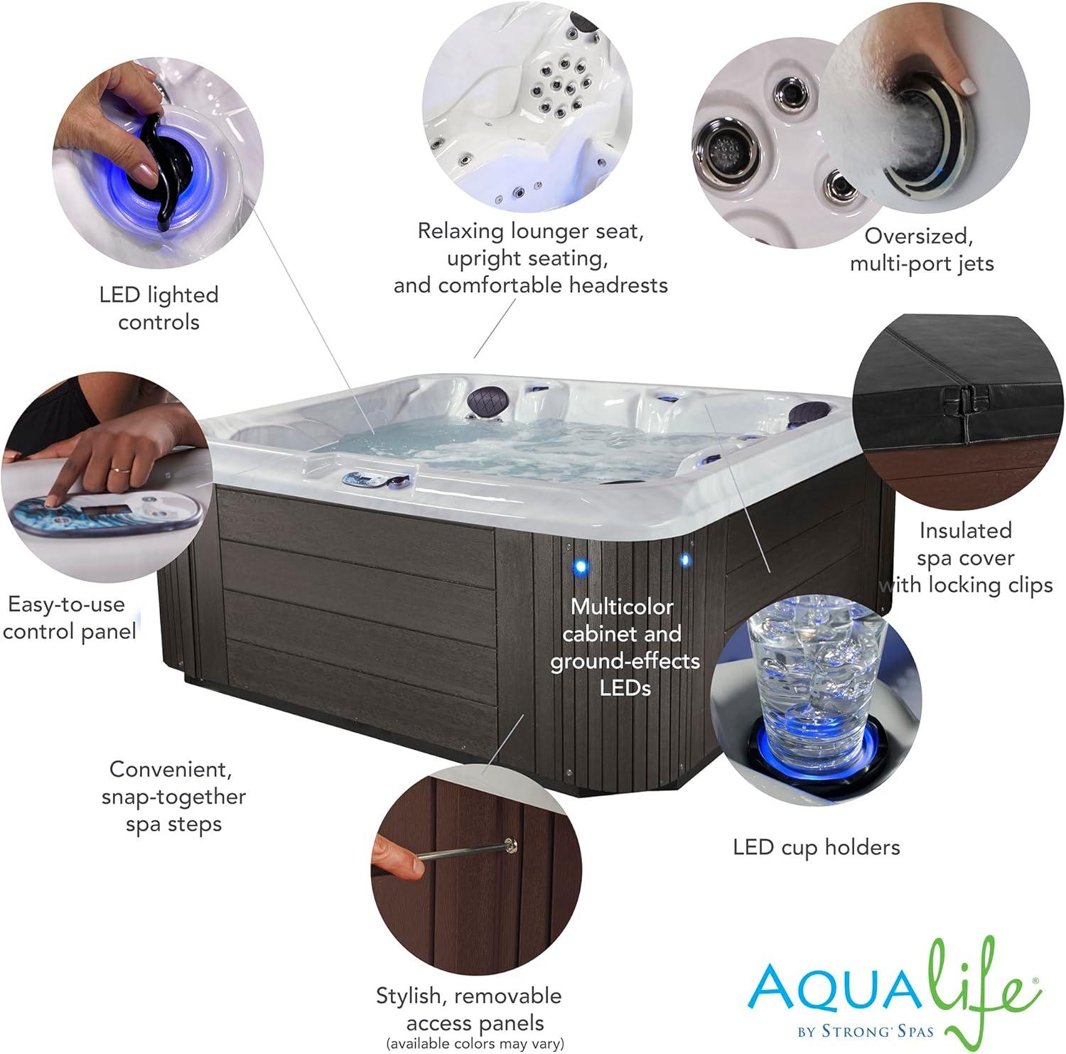 Aqualife® by Strong Spas® Grand Banks™ 5-Person 81-Jet Acrylic Lounger Hot Tub Spa, Stainless Steel Heater and Ozonator, Multi Color LED Lighting, Insulated Cover Included