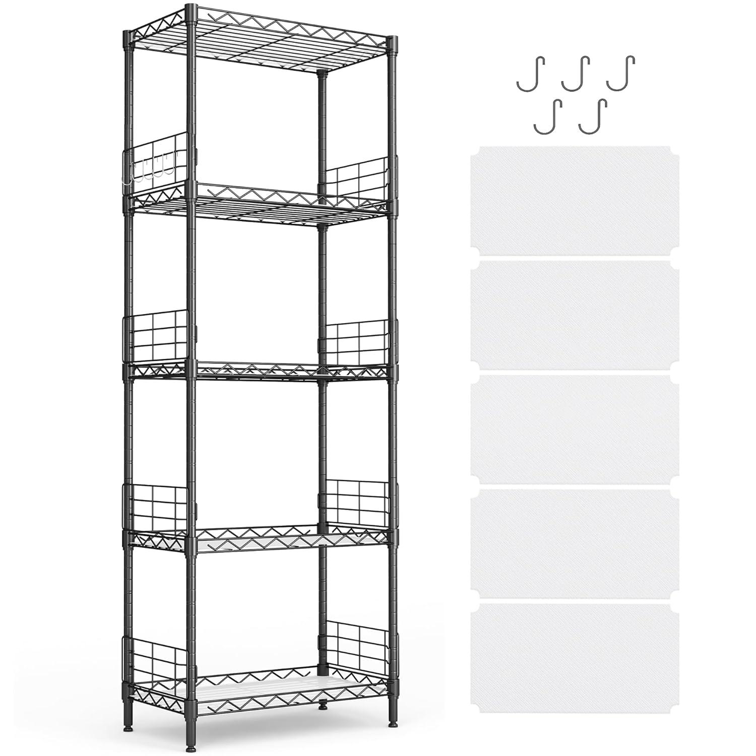LINSY HOME Pantry Storage Shelves, 5-Tier Adjustable Heavy Duty Metal Storage Shelf, 59" Tall Standing Shelf, Upgrade Steel Wire Rack Organizer for Kitchen, Bathroom, Garage, Living Room, Black
