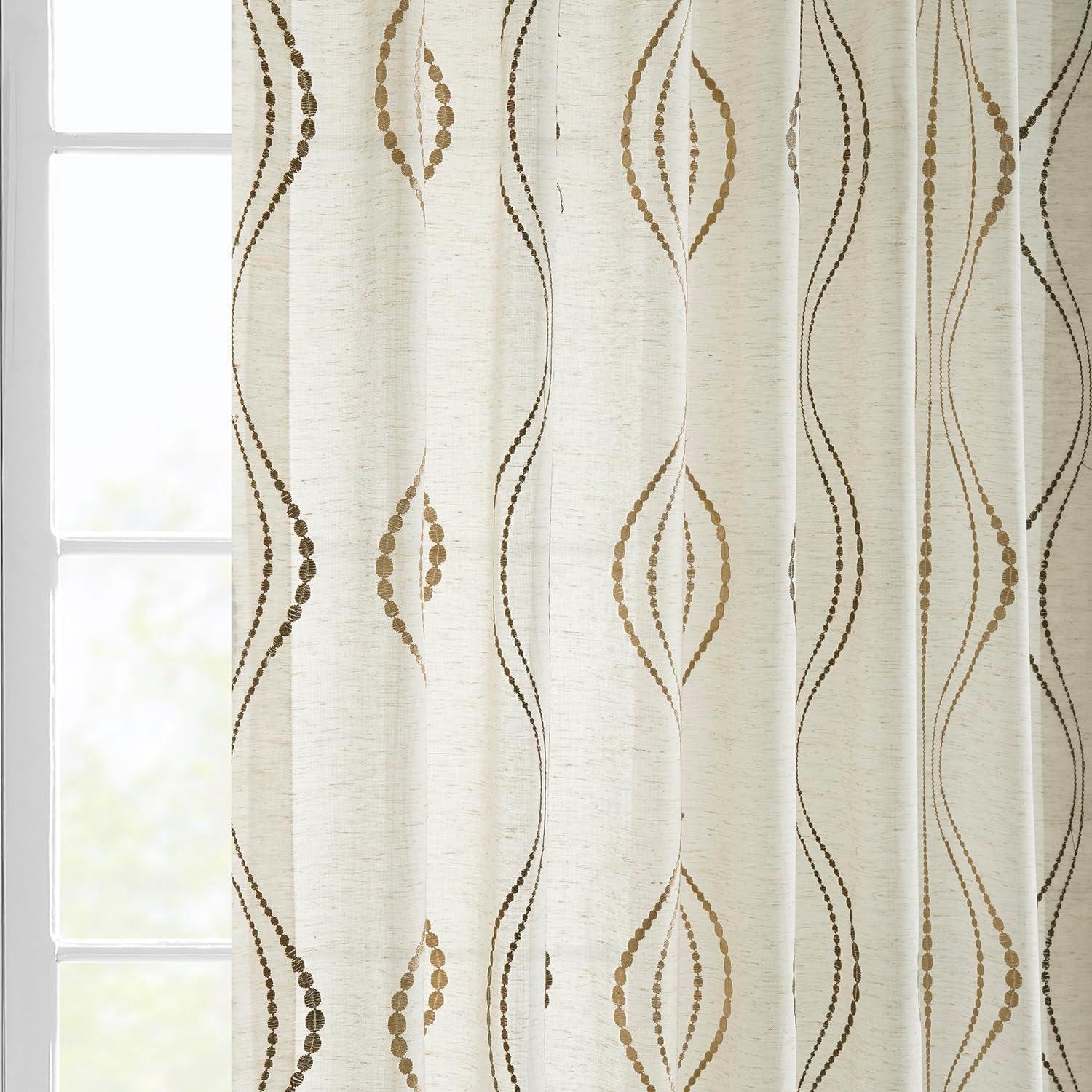 Suez Bronze Embroidered Faux Linen Sheer Curtain (1 Panel), Suez Bronze, 50W X 96L