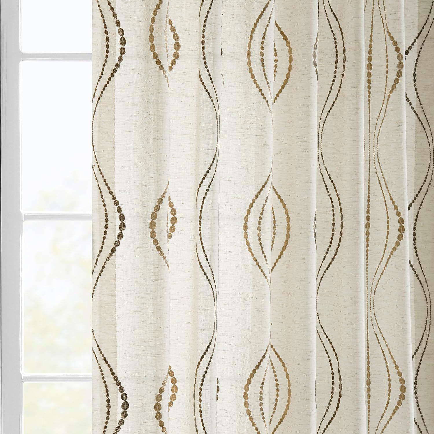 Suez Bronze Embroidered Faux Linen Sheer Curtain (1 Panel), Suez Bronze, 50W X 96L