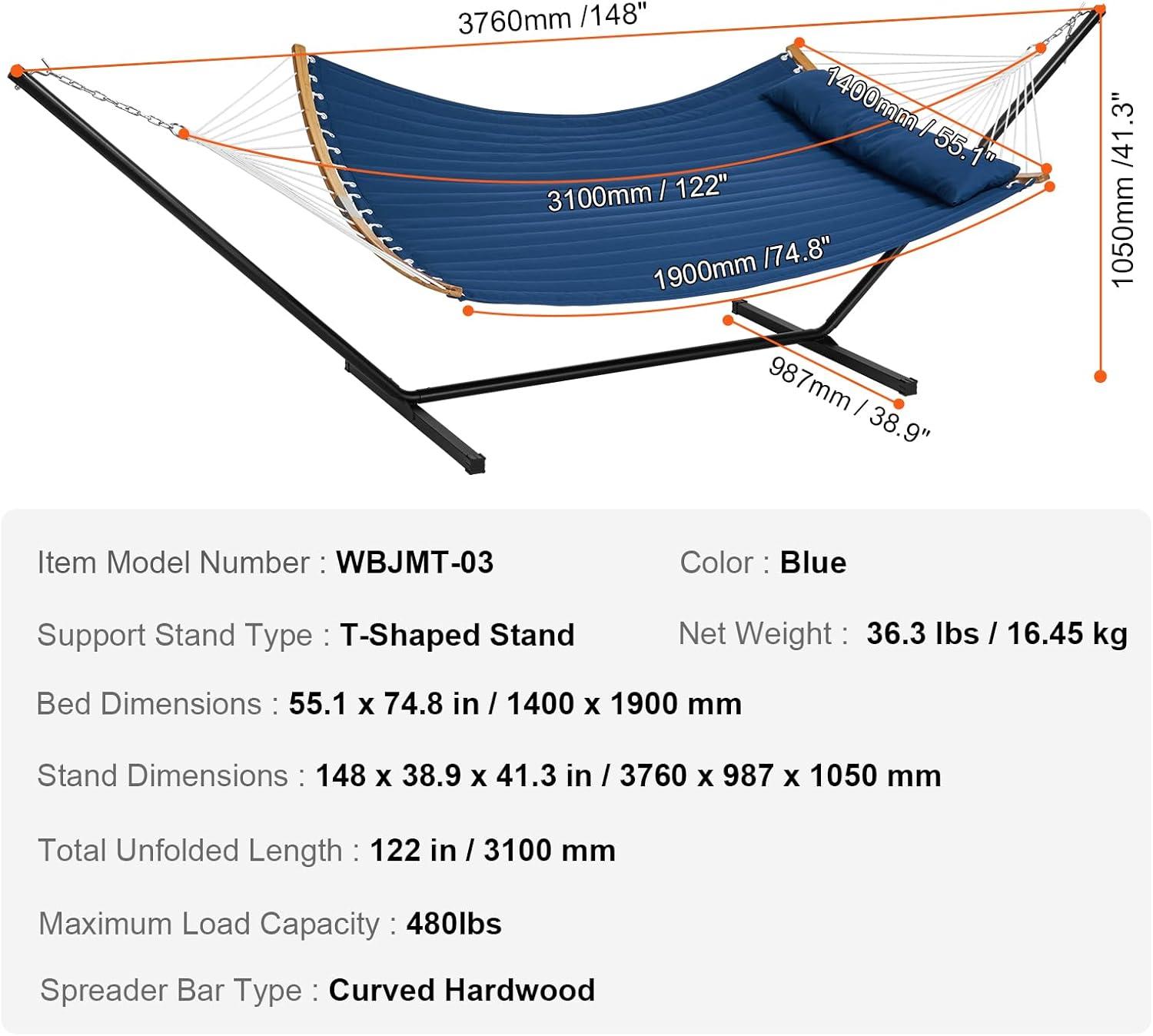 Blue Quilted Fabric Double Hammock with Stand and Pillow