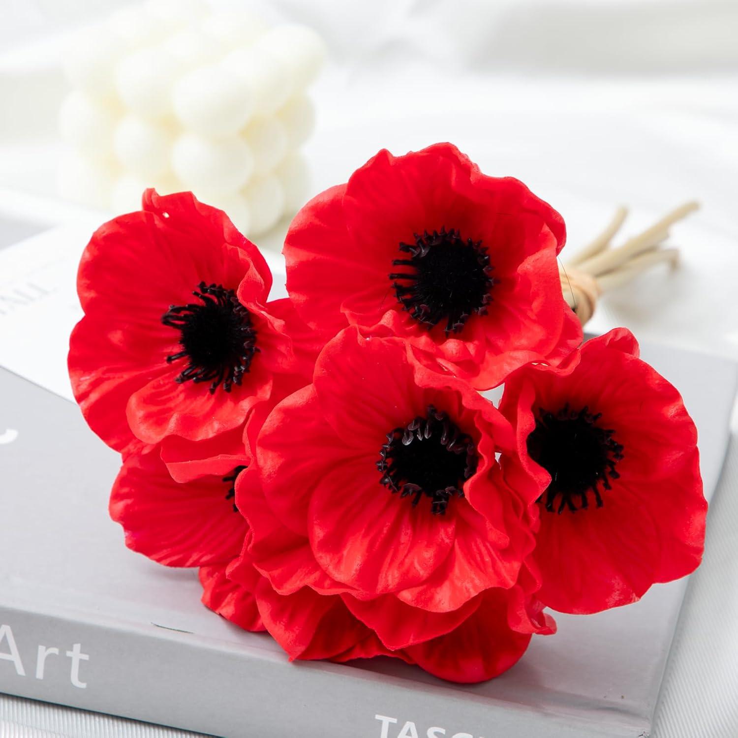 Floral Kingdom Artificial Anemone Poppy, Real Touch Latex, Red, 10 Inch, 8 Pack for Home and Wedding Table Decor, All Season