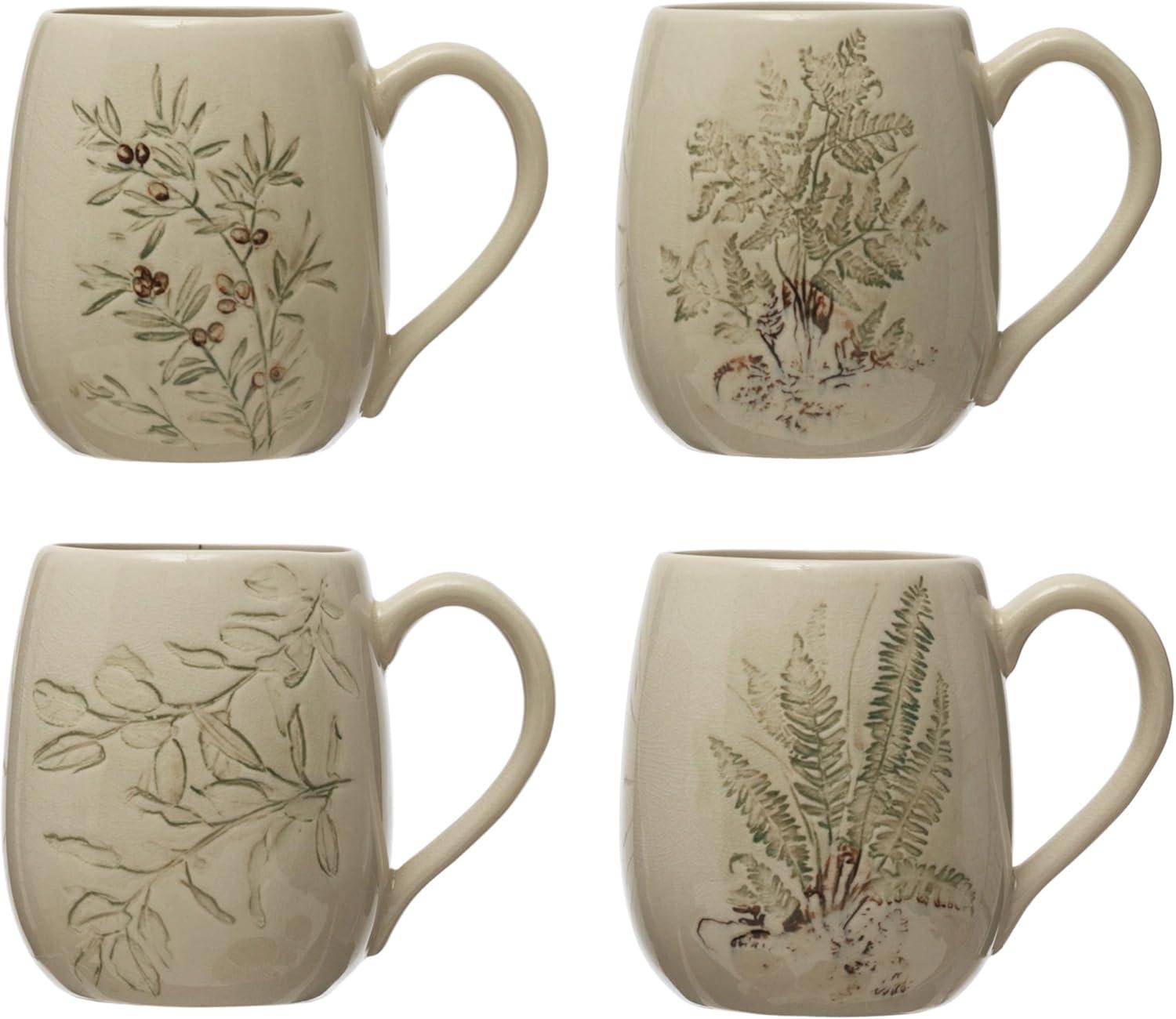 Creative Co-Op Debossed Stoneware Mug, Set of 4 Styles, Cream and Green Reactive Crackle Glaze