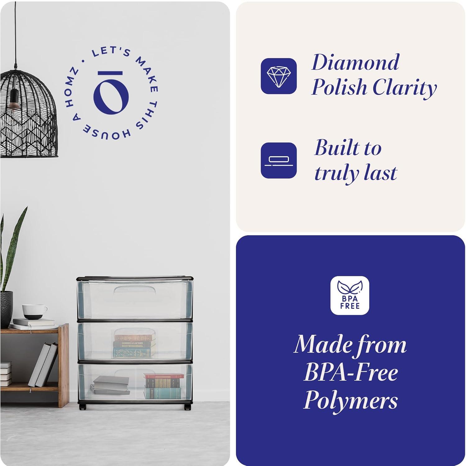 Homz Homz Tall Solid Plastic 3 Drawer Storage Cart with Wheels (Set of 2)