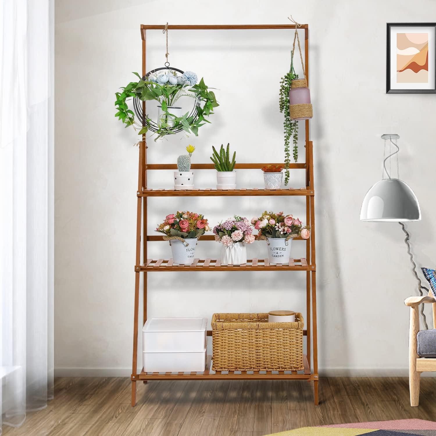 MoNiBloom Bamboo 3 Tier Plant Stand Triangular Flower Pot Holder With Hanging Basket