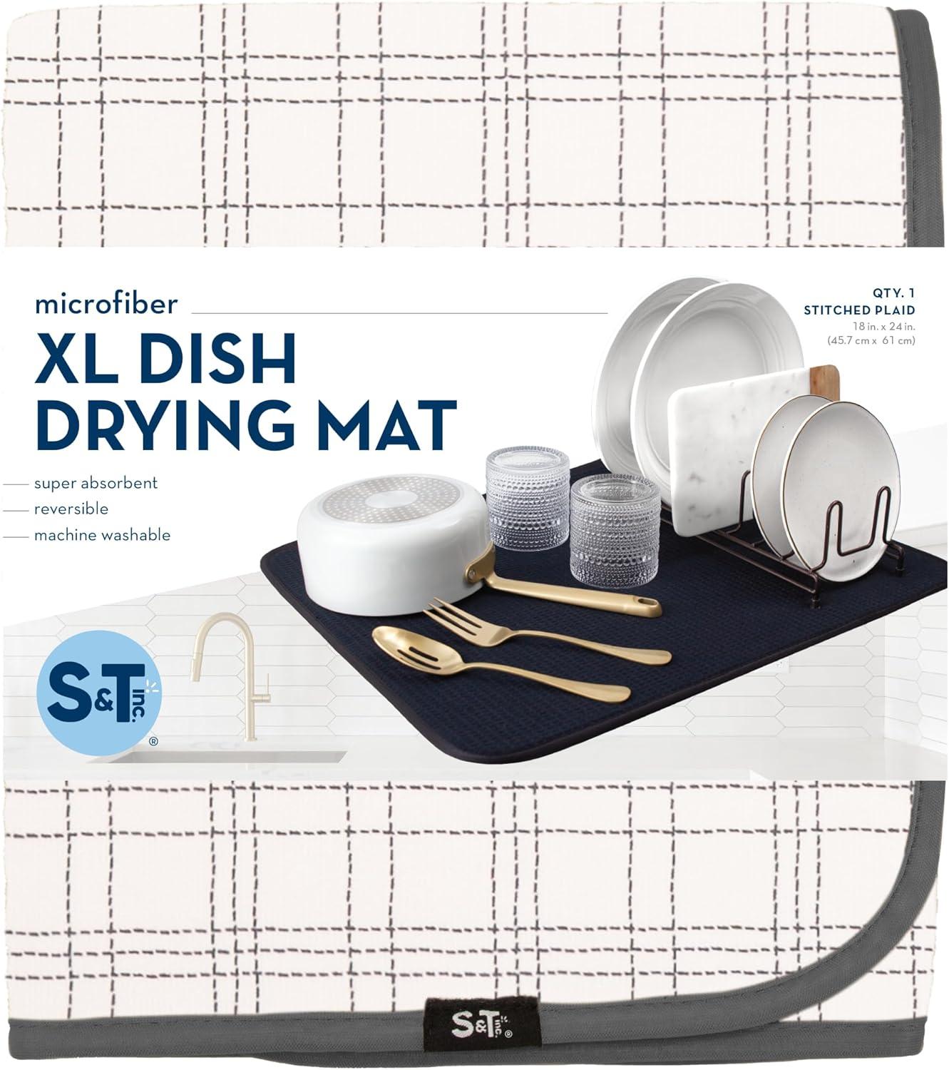 S&T INC. Dish Drying Mat for Kitchen, Absorbent, Reversible XL Microfiber Dish Mat, 18 Inch x 24 Inch, Stitched Plaid