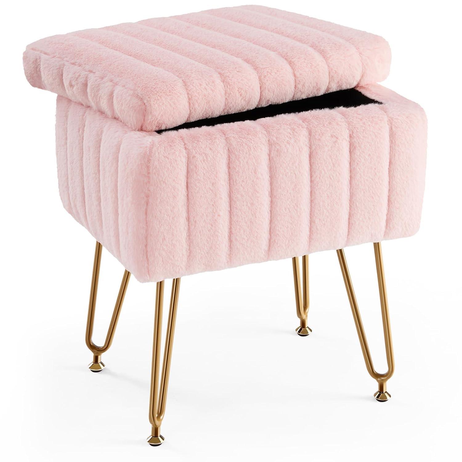 Vanity Stool Chair with Storage, Ottoman Faux Fur Soft Padded Makeup Footstools Seat with 4 Metal Legs