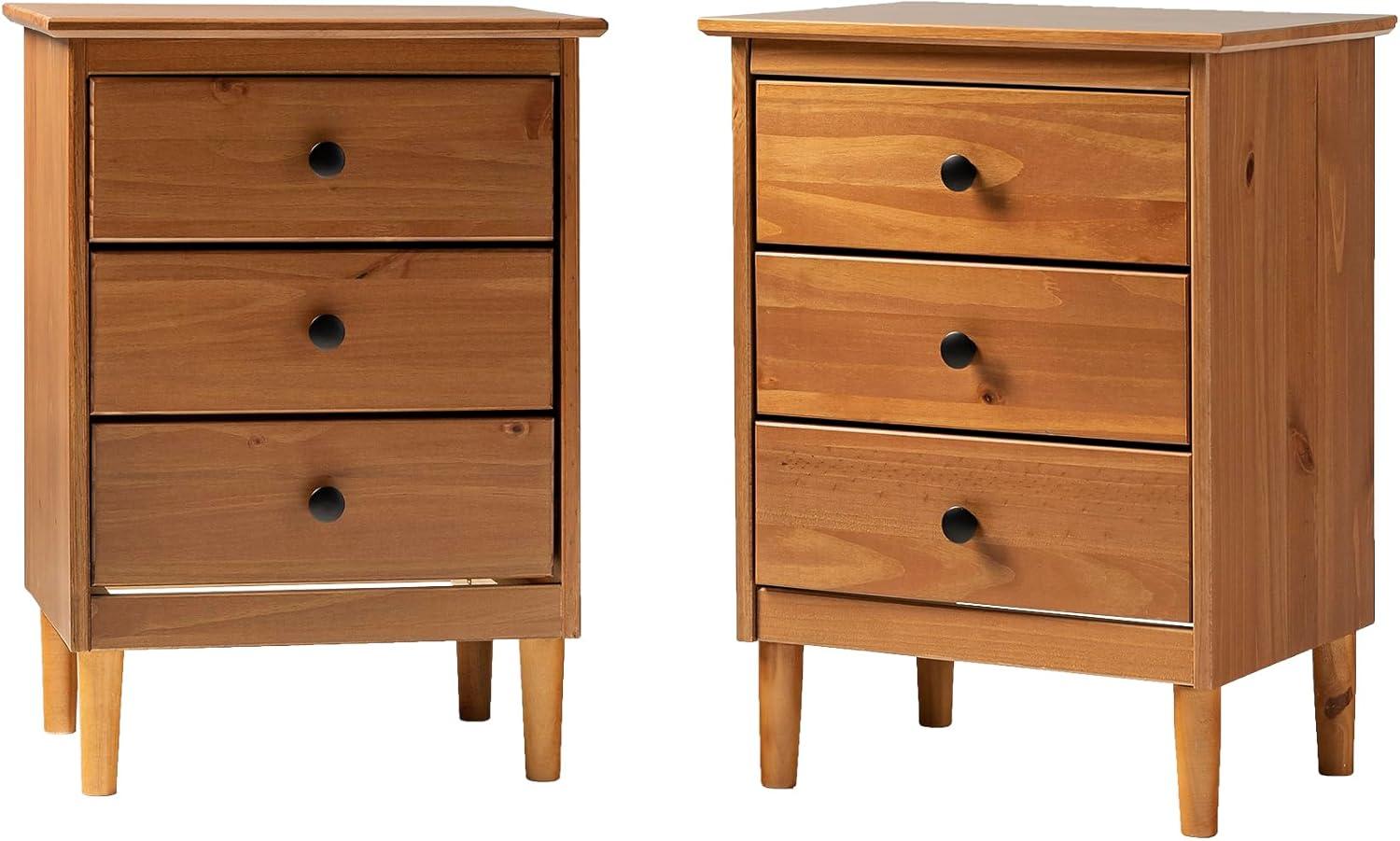 Mid-Century Solid Wood 3-Drawer Bedroom Nightstand in Caramel (Set of 2)