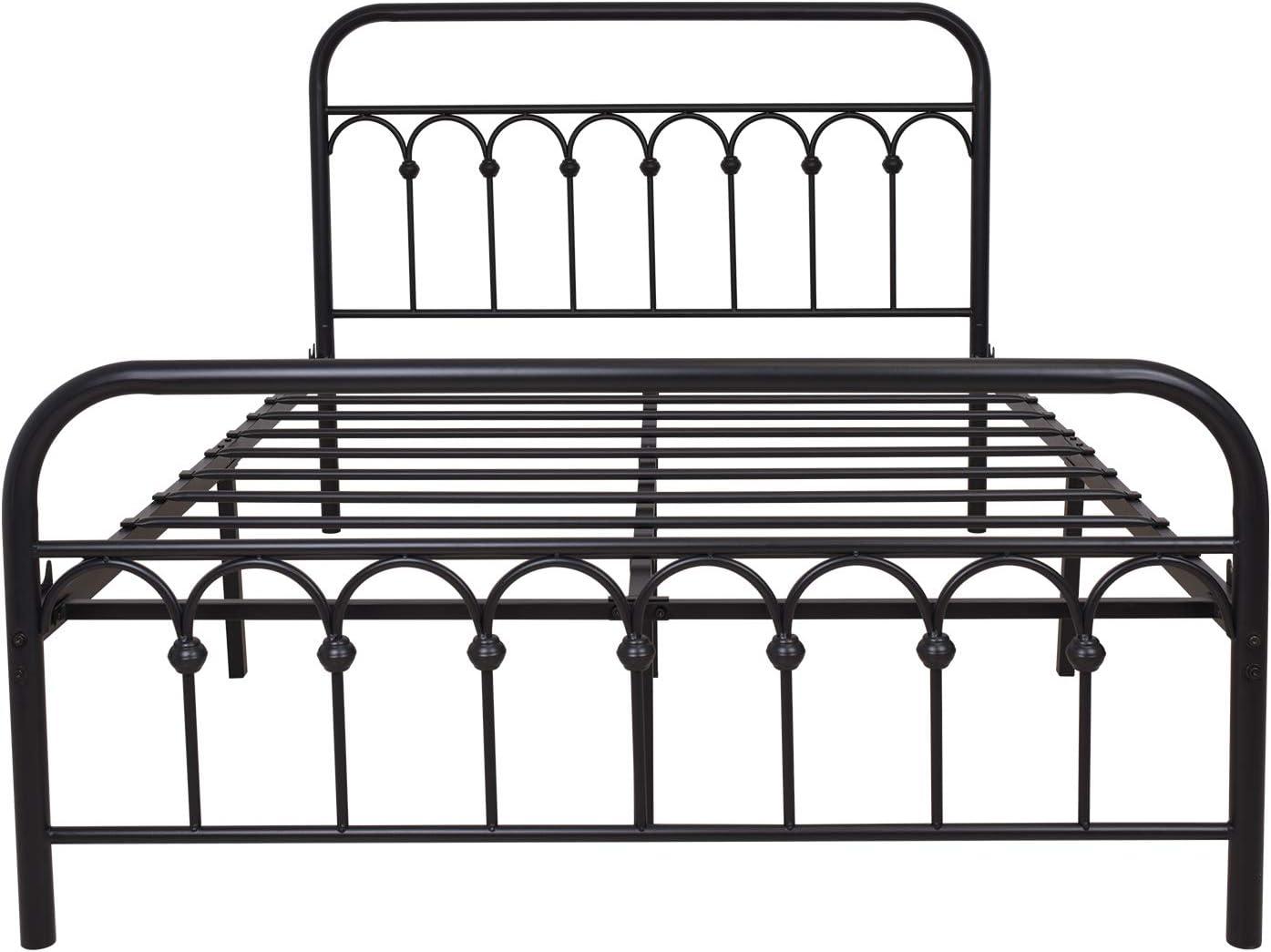 TUSEER Metal Bed Frame Full Size with Vintage Headboard and Footboard Platform Base Wrought Iron (Black)