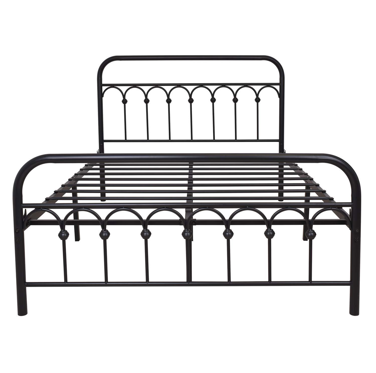 TUSEER Metal Bed Frame Full Size with Vintage Headboard and Footboard Platform Base Wrought Iron (Black)