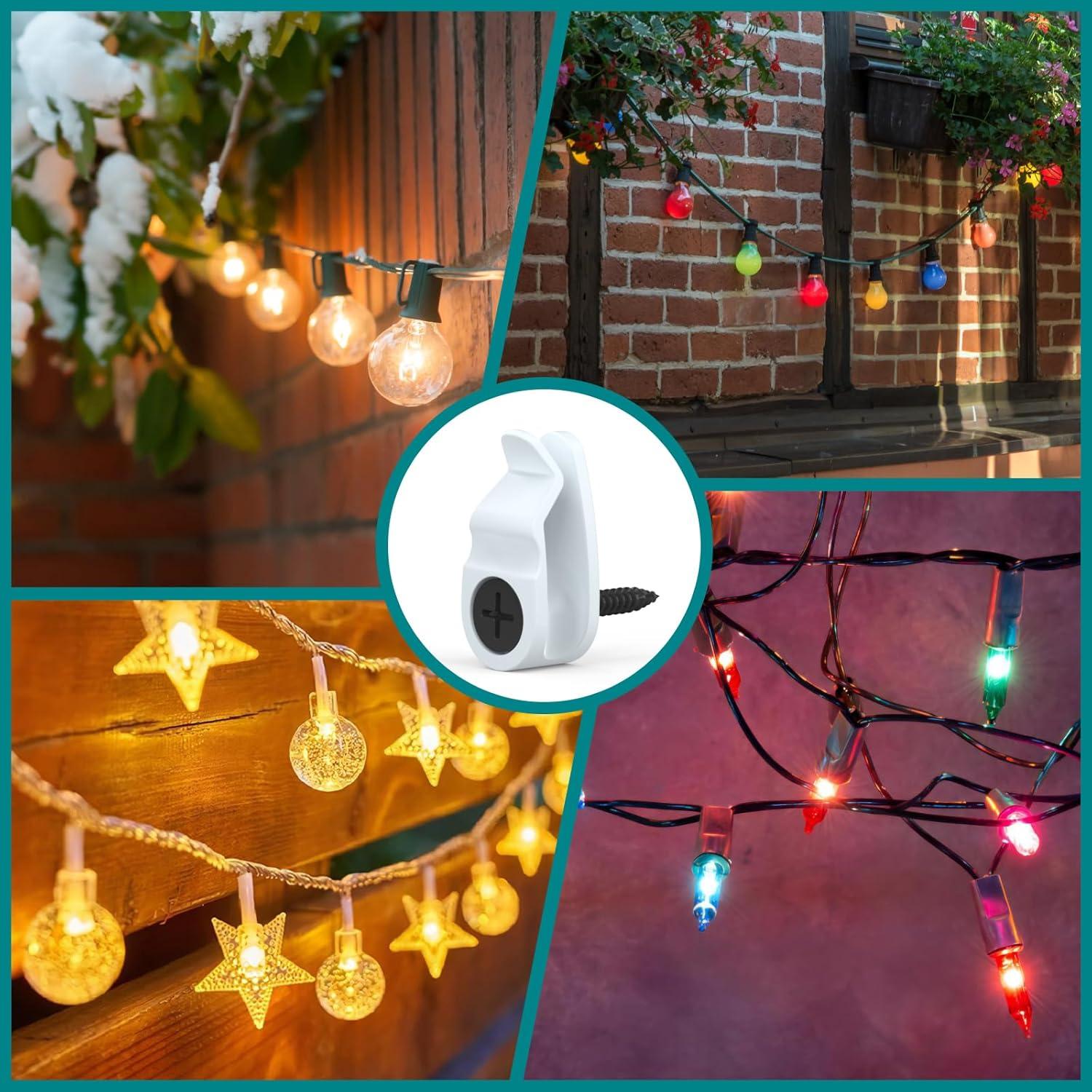 Hooks for Outdoor String Lights Clips, Christmas Light Clips Weatherproof, Lights Hanger Hooks for Hanging Christmas Light, Fairy Light, Cable, Holiday Decor - White, 50 Pack