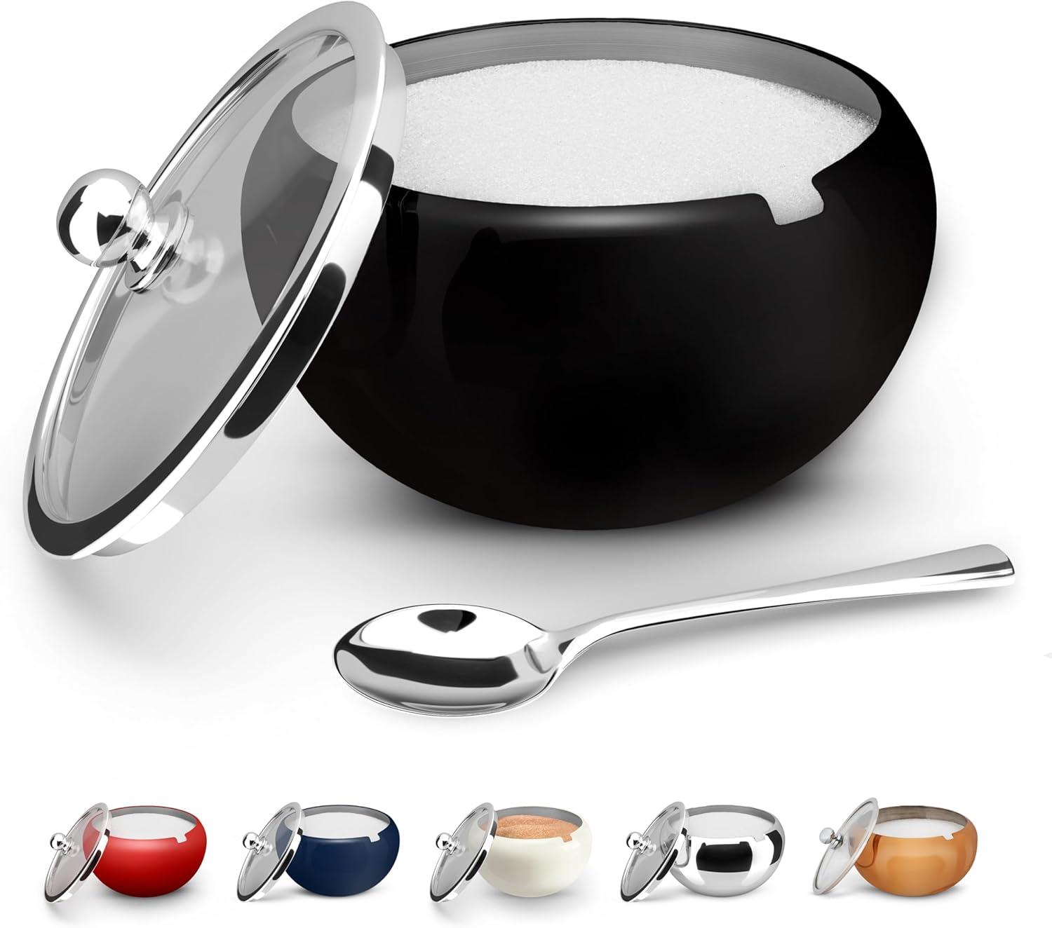 Kook Large Stainless Steel Sugar Bowl and Spoon, Glass Lid, 16 oz, Black