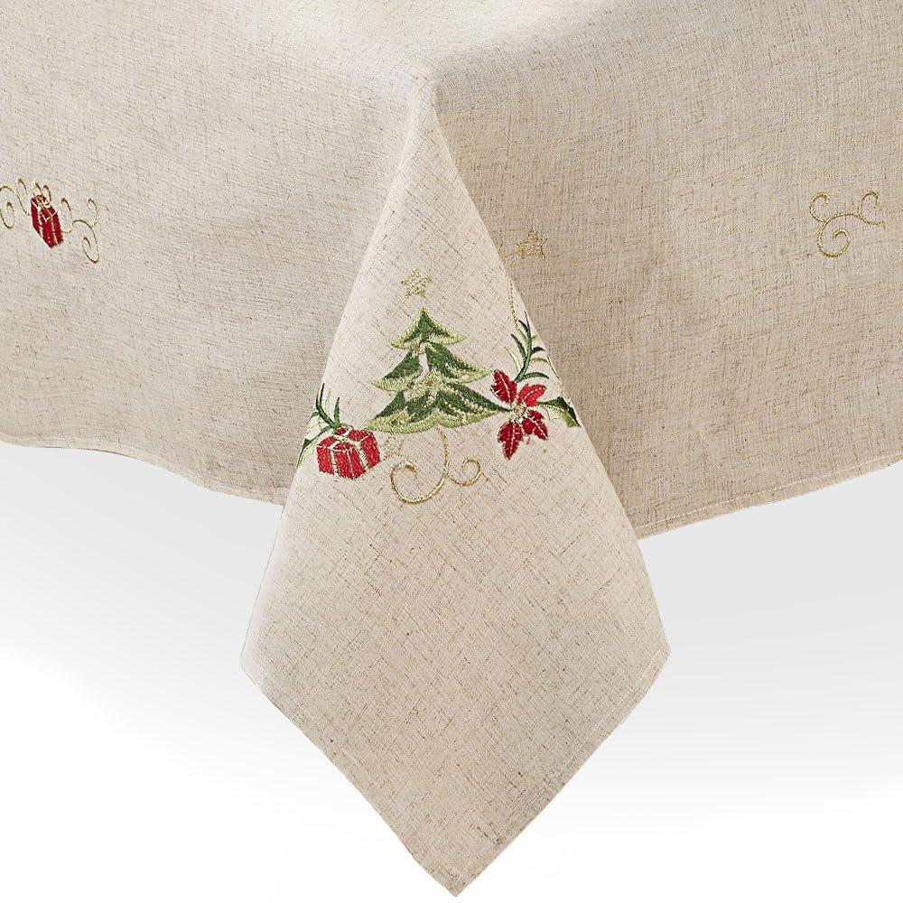 Saro Lifestyle Embroidered Christmas Tree Design Holiday Linen Blend Tablecloth, 67"x67", Beige
