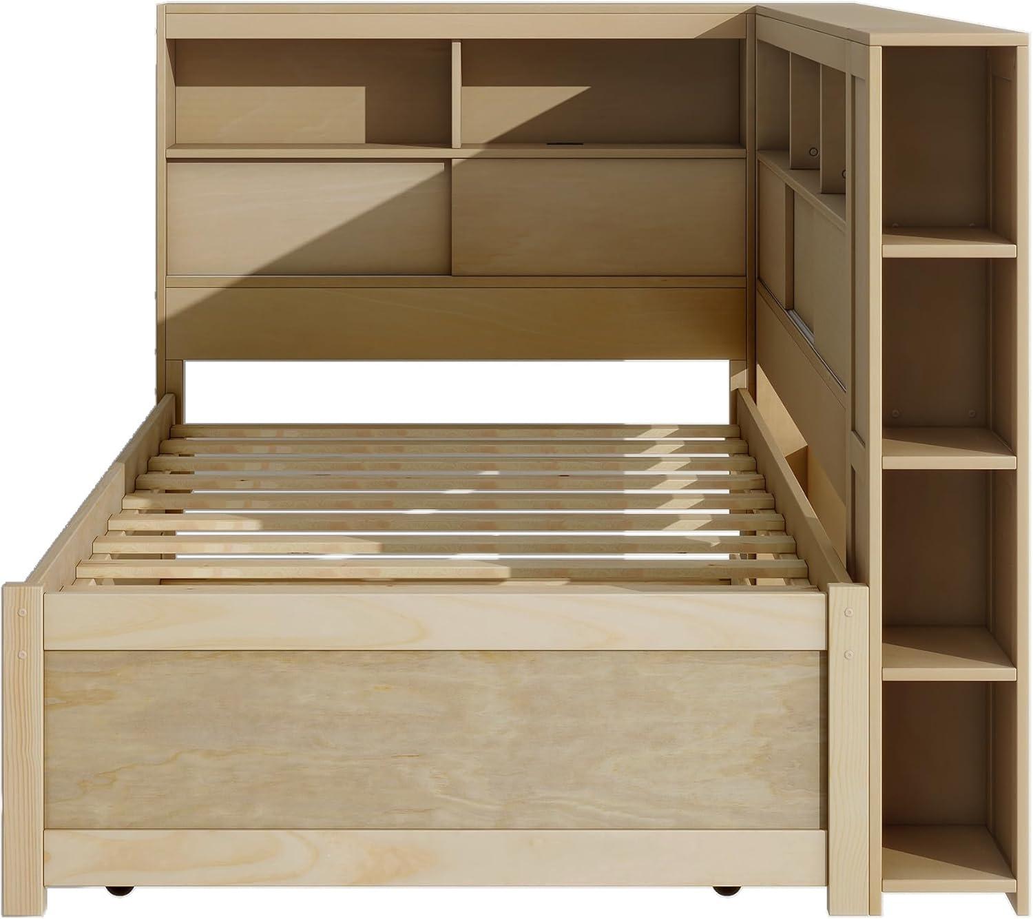 Harper & Bright Designs Twin Size Daybed with Trundle & Bookcase, Wood L-Shaped Daybed with Storage Headboard, USB Ports, Twin Platform Bed Frame with Storage Shelves for Bedroom Living Room, Natural
