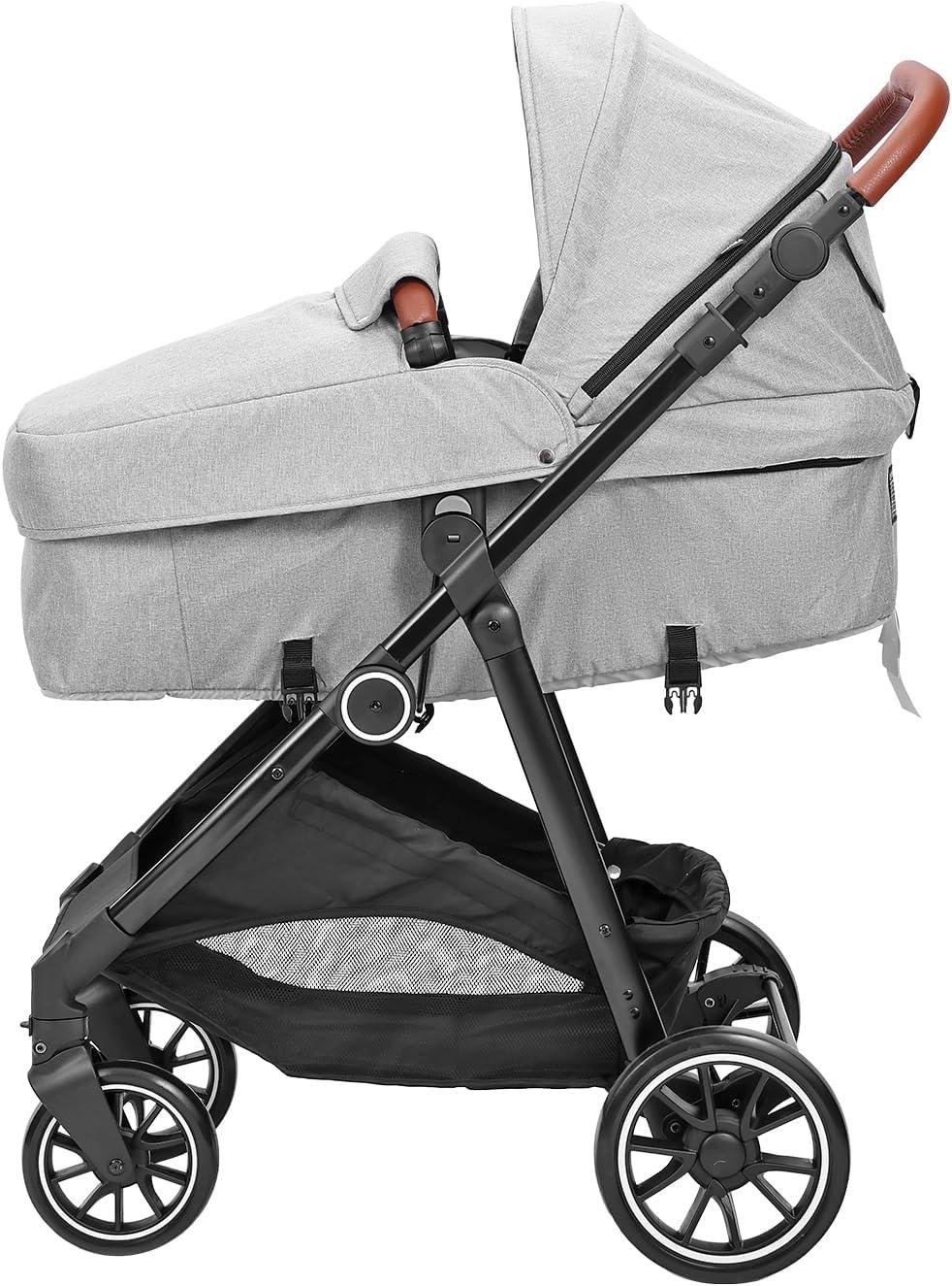 VEVOR Standard Baby Stroller, Infant Toddler Stroller with Bassinet, 3rd-Gear Adjustable Backrest & Foldable & Reversible Seat, Carbon Steel Newborn Stroller with Leg Cover and Mesh Net, Light Grey