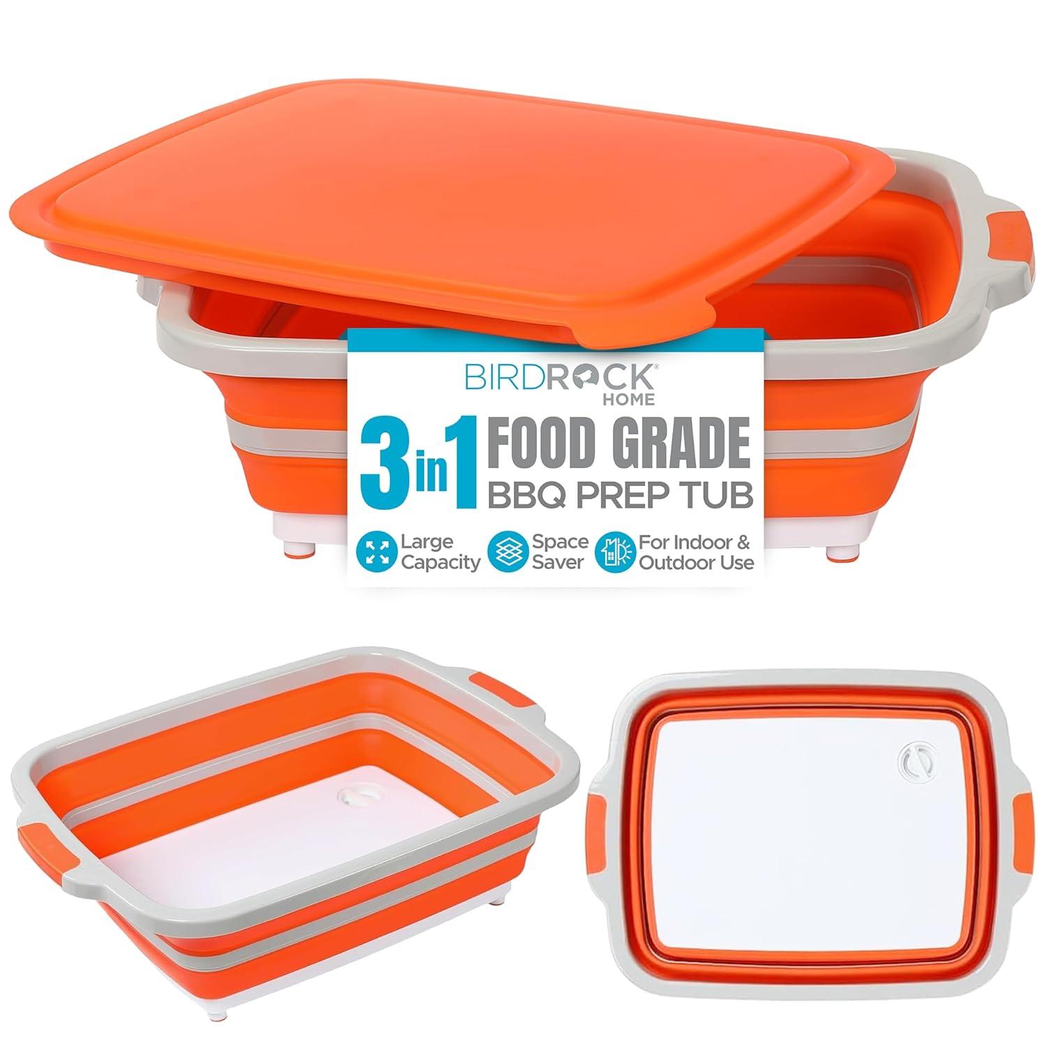 Large BBQ prep tub, Collapsible Cutting Board, food prep and Grill Caddy Tub with Colander & Lid, Silicone Dish Bowl for Backyard, Lawn, Picnic, Camping