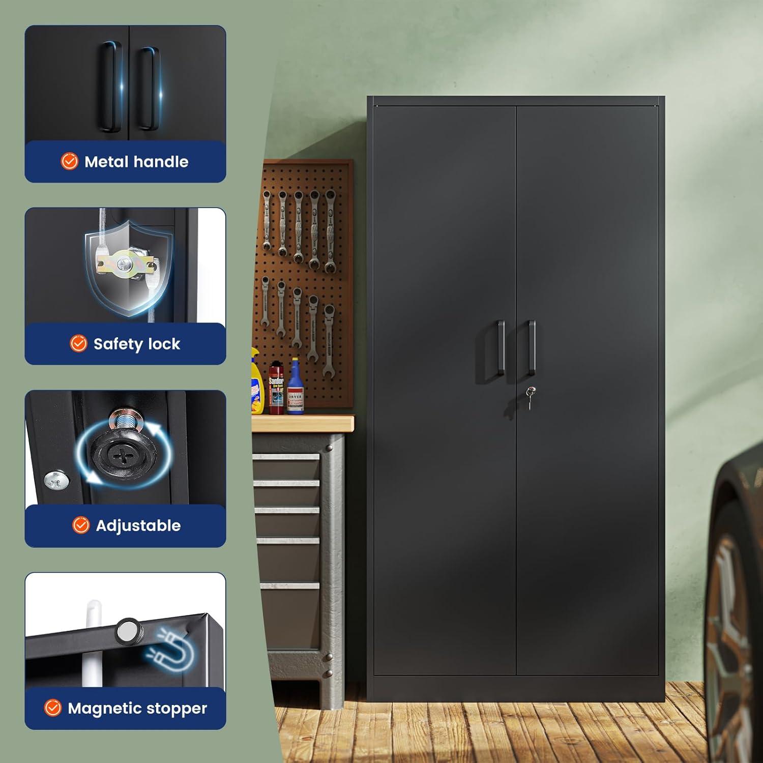 Metal Storage Cabinets with Lock, 71" Garage Storage Cabinet with 2 Door and 5 Adjustable Shelves, Steel Lockable Tool Cabinets for Home, Office, Gym, Garage