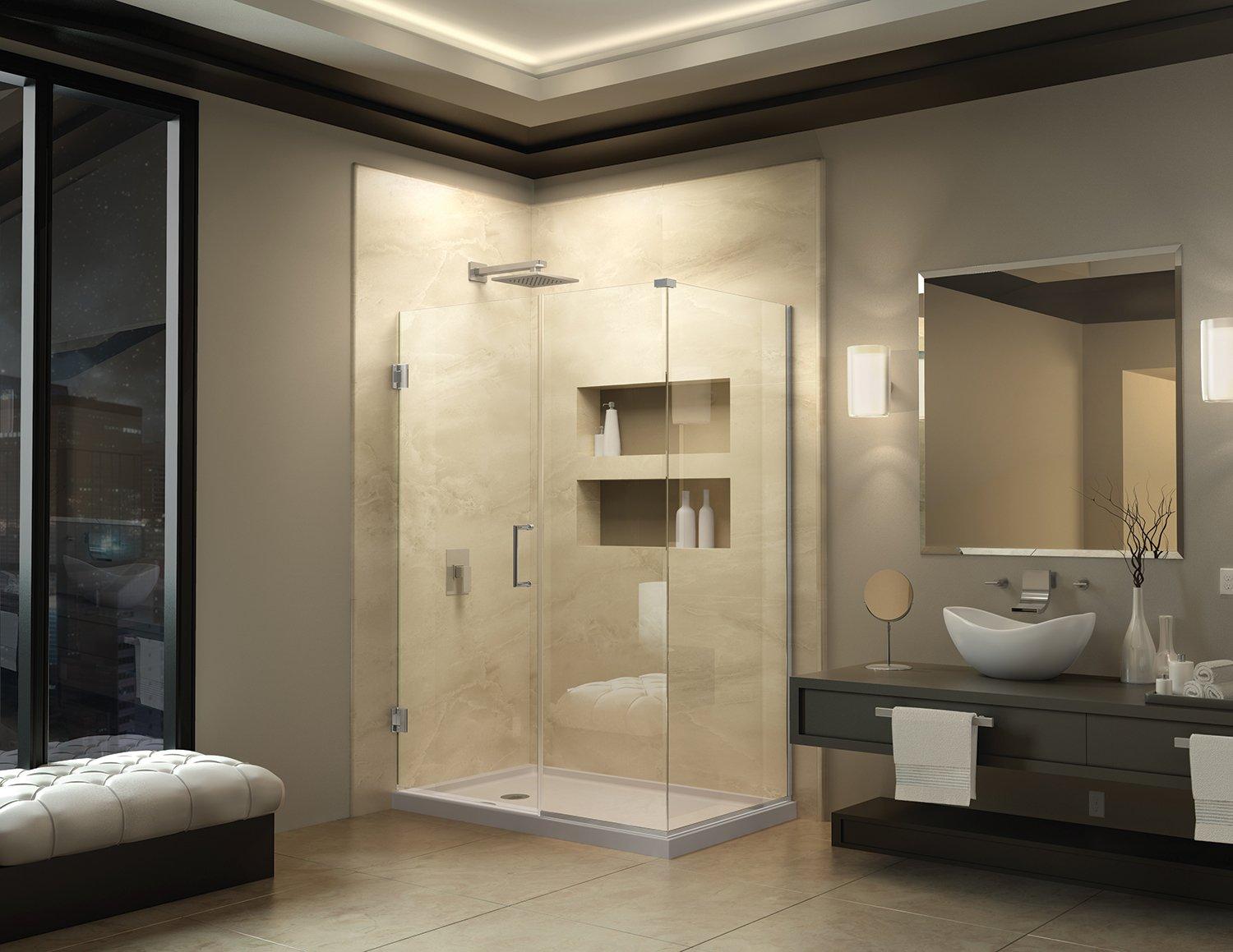 Unidoor Plus Frameless Clear Glass Hinged Shower Enclosure with Distressed Bronze Finish